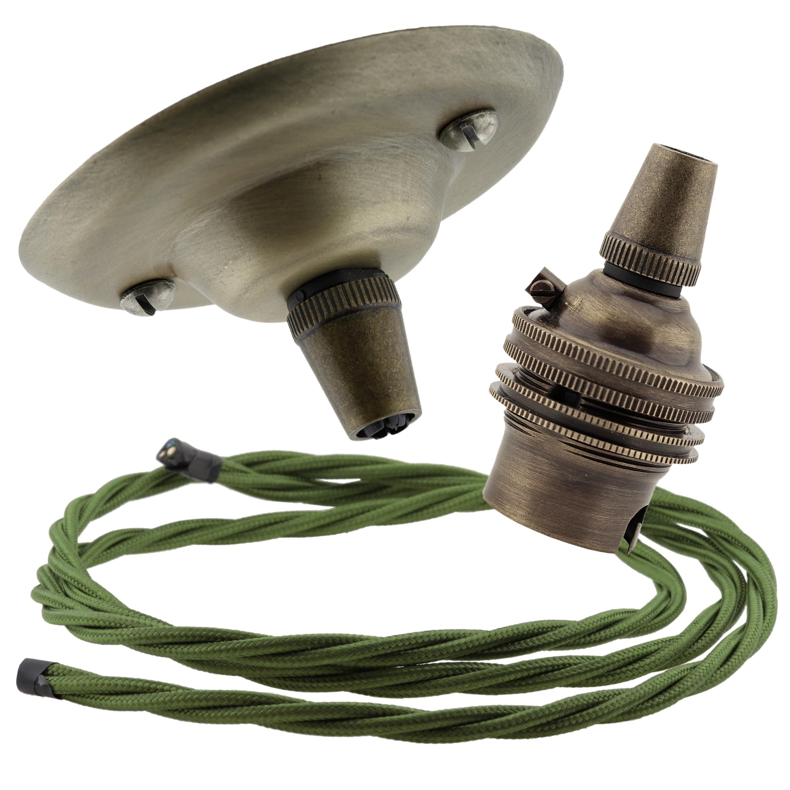 Repaireum Ltd. Vintage Styled Ceiling Pendant Kit incl. Antiqued Brass Finish Rose, B22 Bulb Holder and 3 Core Green Braided Twisted Flex