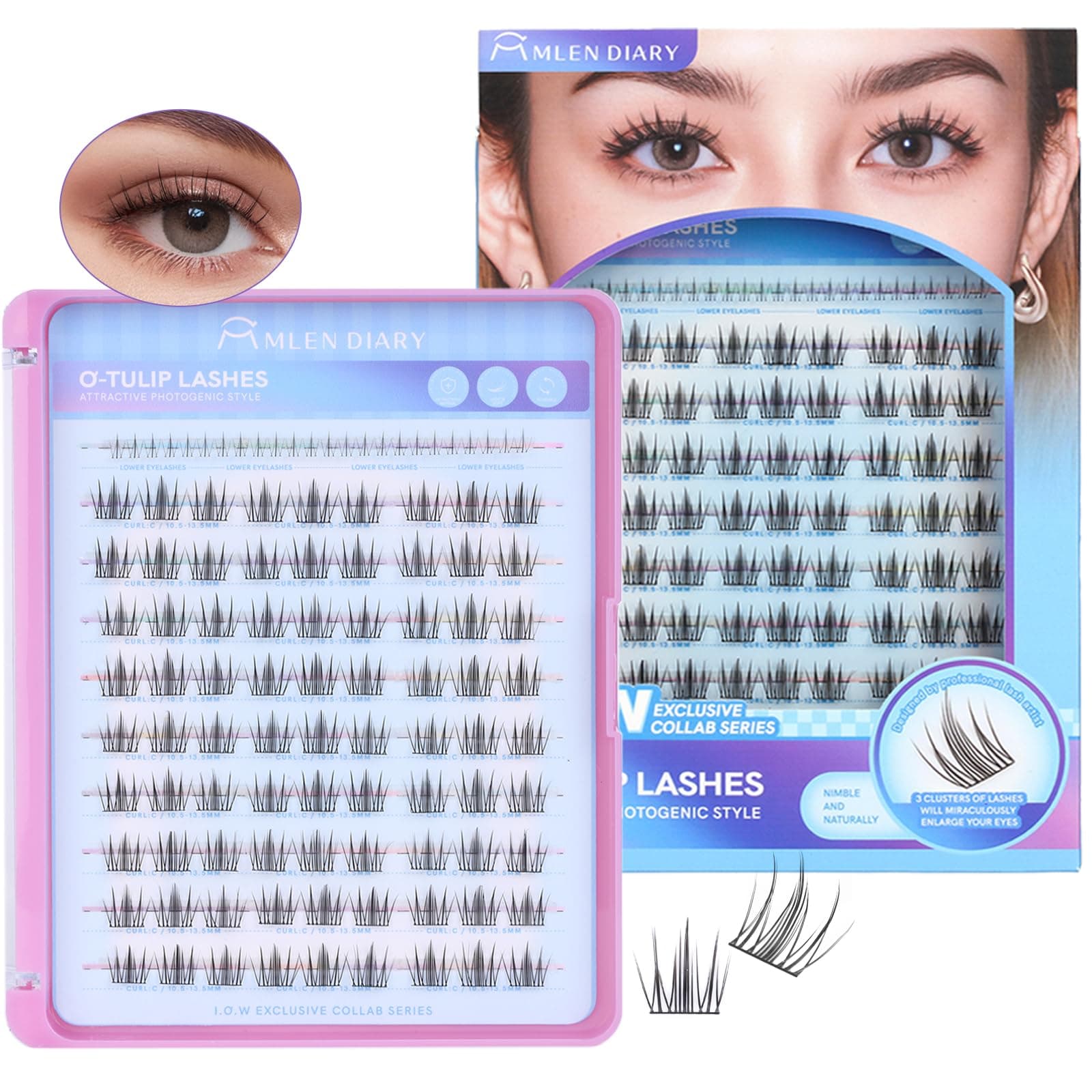 MLEN DIARY Natural C Curl Eyelash Clusters O-Tulip 10.5-13.5MM 105pcs Wispy Lash Clusters Kit Short Lightweight Handmade PBT Fiber for Bigger Eyes (O-Tulip 10.5-13.5MM)