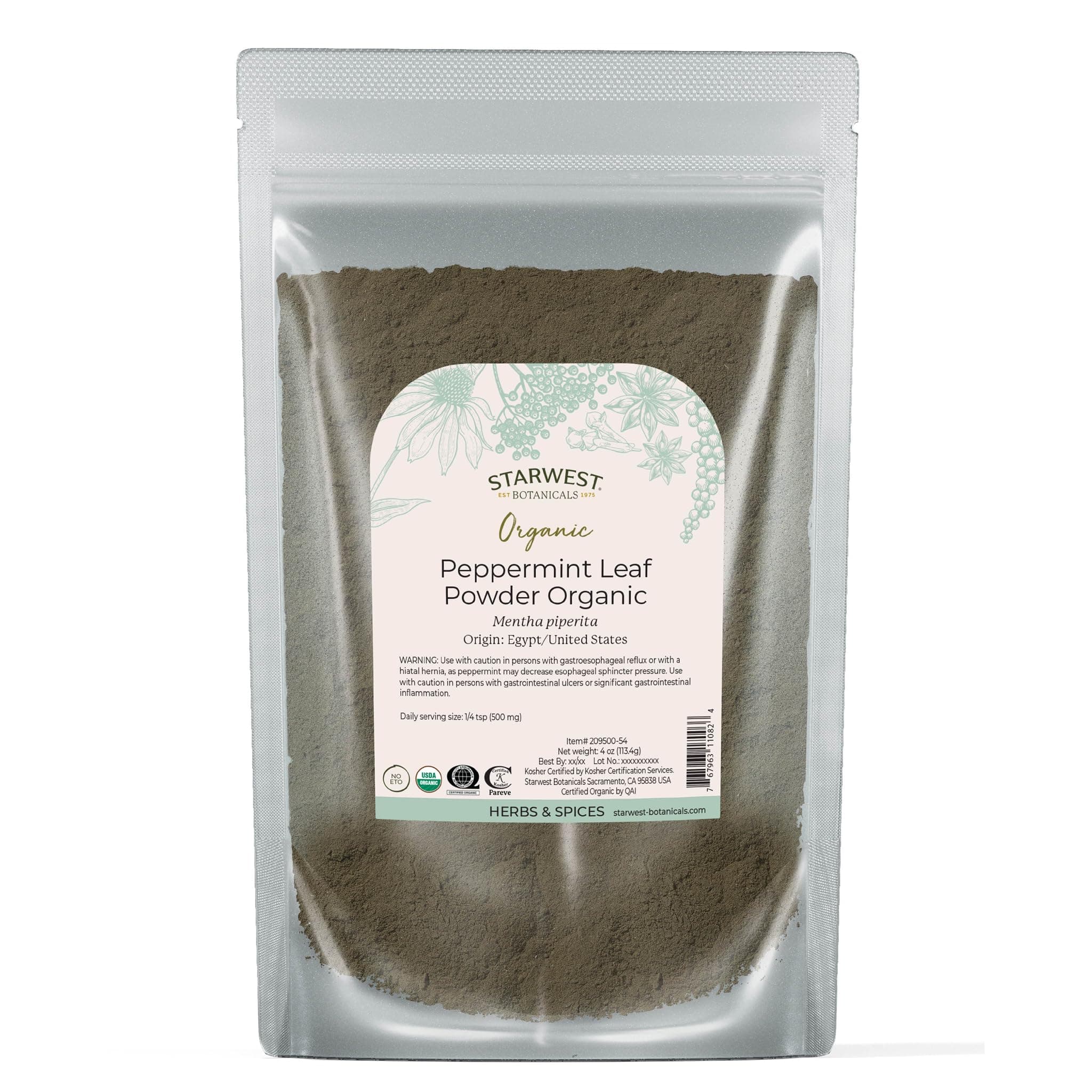 Starwest Botanicals Organic Peppermint Leaf Powder - Dried Herb for Tea, Herbal Blends, Baking, & Cooking, Caffeine Free, Sourced from Egypt & USA, Certified Kosher, Non-GMO - 4 oz Pouch