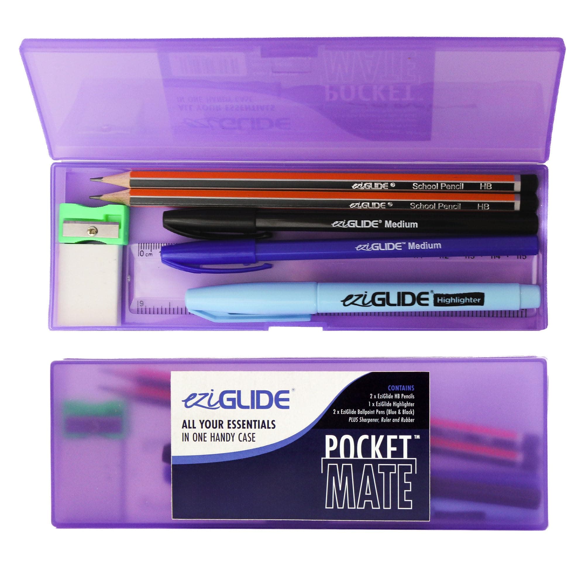Eziglide Complete Back to School Stationery Set | Stationary Supplies | Purple Pencil Case | Ballpoint Pens, HB Pencils, Highlighter, Rubber, Sharpener, Ruler in a Sturdy Pencil Case (Purple)