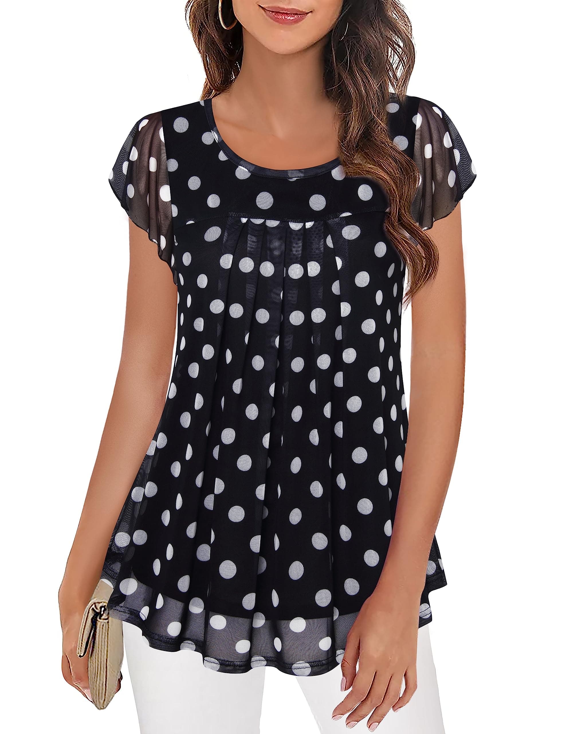 Women's Short Sleeve Tunic Shirt Pleated Mesh Blouses Summer Floral Tops