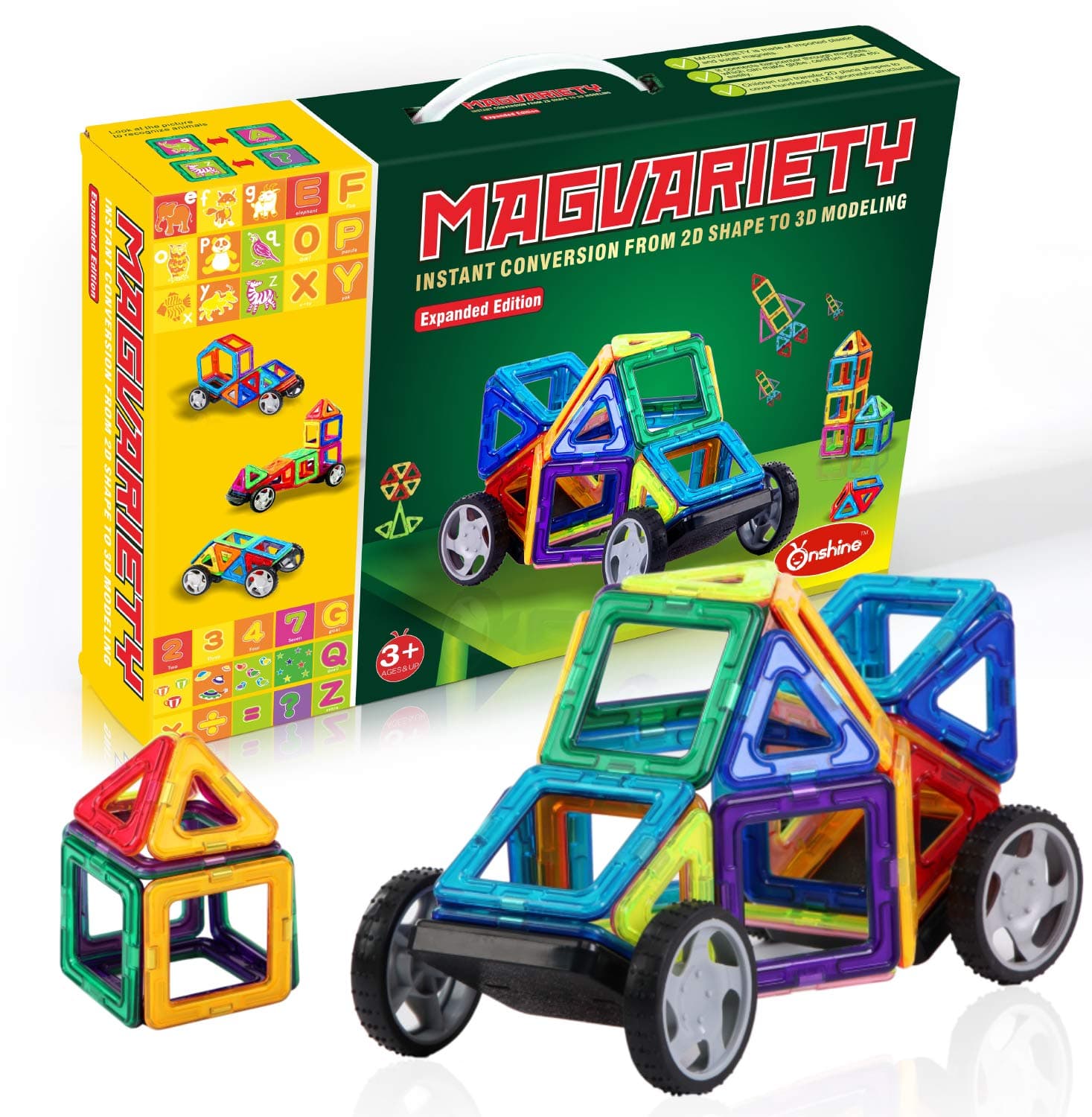 MAGVARIETY 3D Magnetic Building Blocks, 120 Pcs Set Large Tiles, Learn Shapes Colors Alphabets & Numbers STEM Develop…