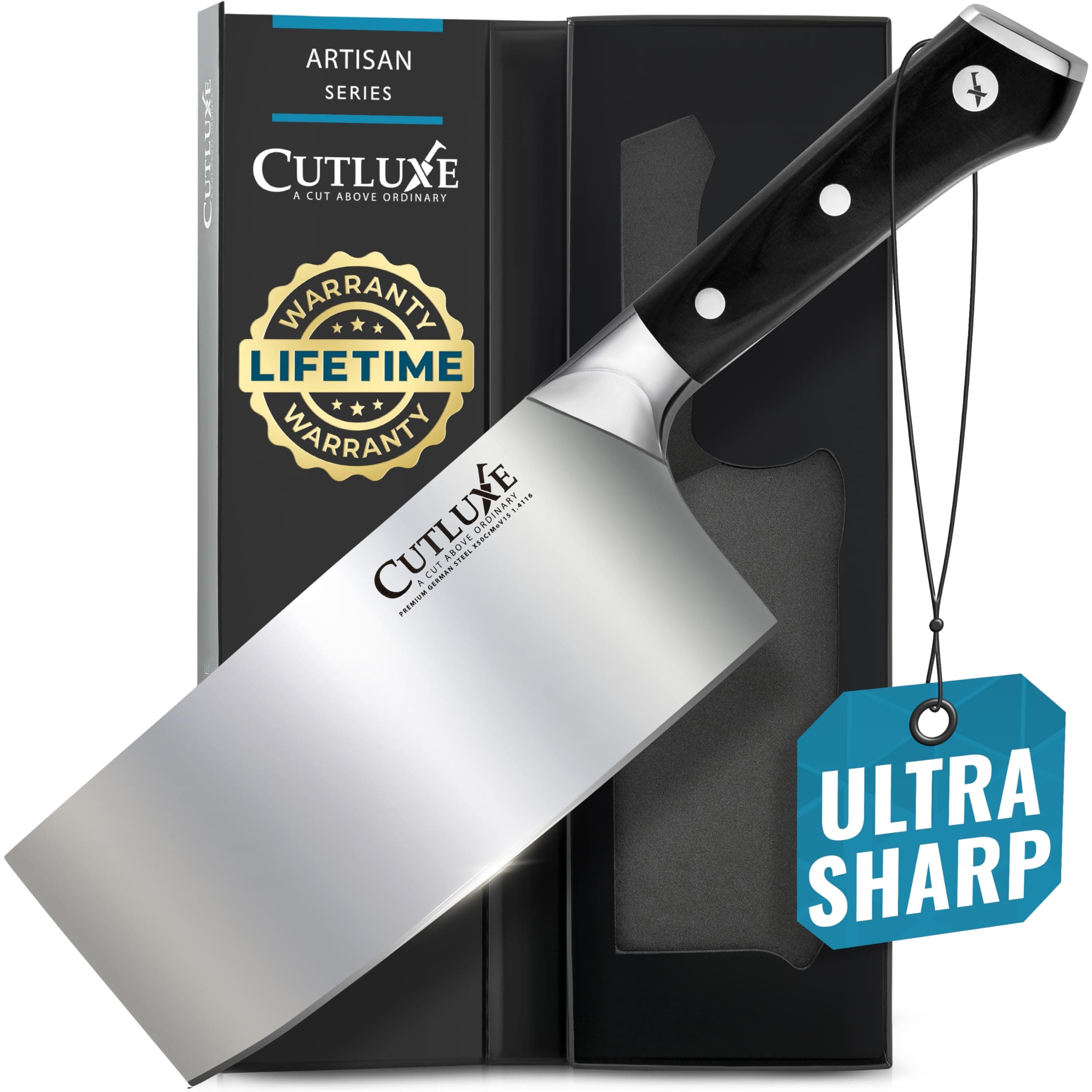 CUTLUXE Cleaver Knife - 7 Vegetable and Meat Butcher Knife Forged Razor Sharp High Carbon German Steel Full Tang Ergonomic Handle Design Artisan Series