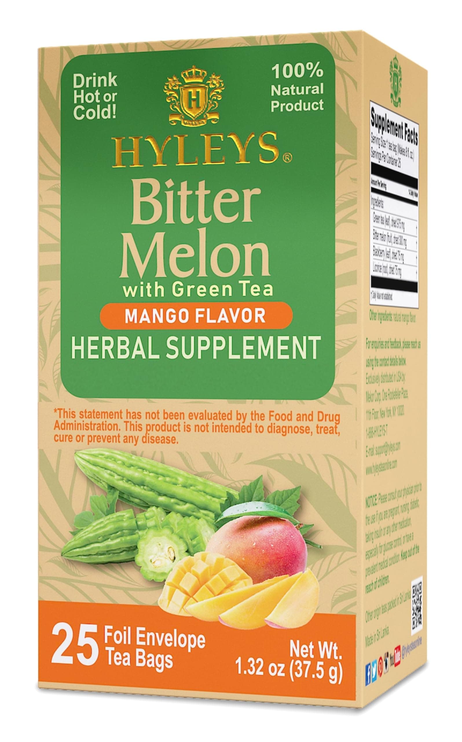 Bitter Melon with Green Tea - Mango Flavor - 25 Tea Bags - Supports Healthy Liver Function - Herbal Supplement