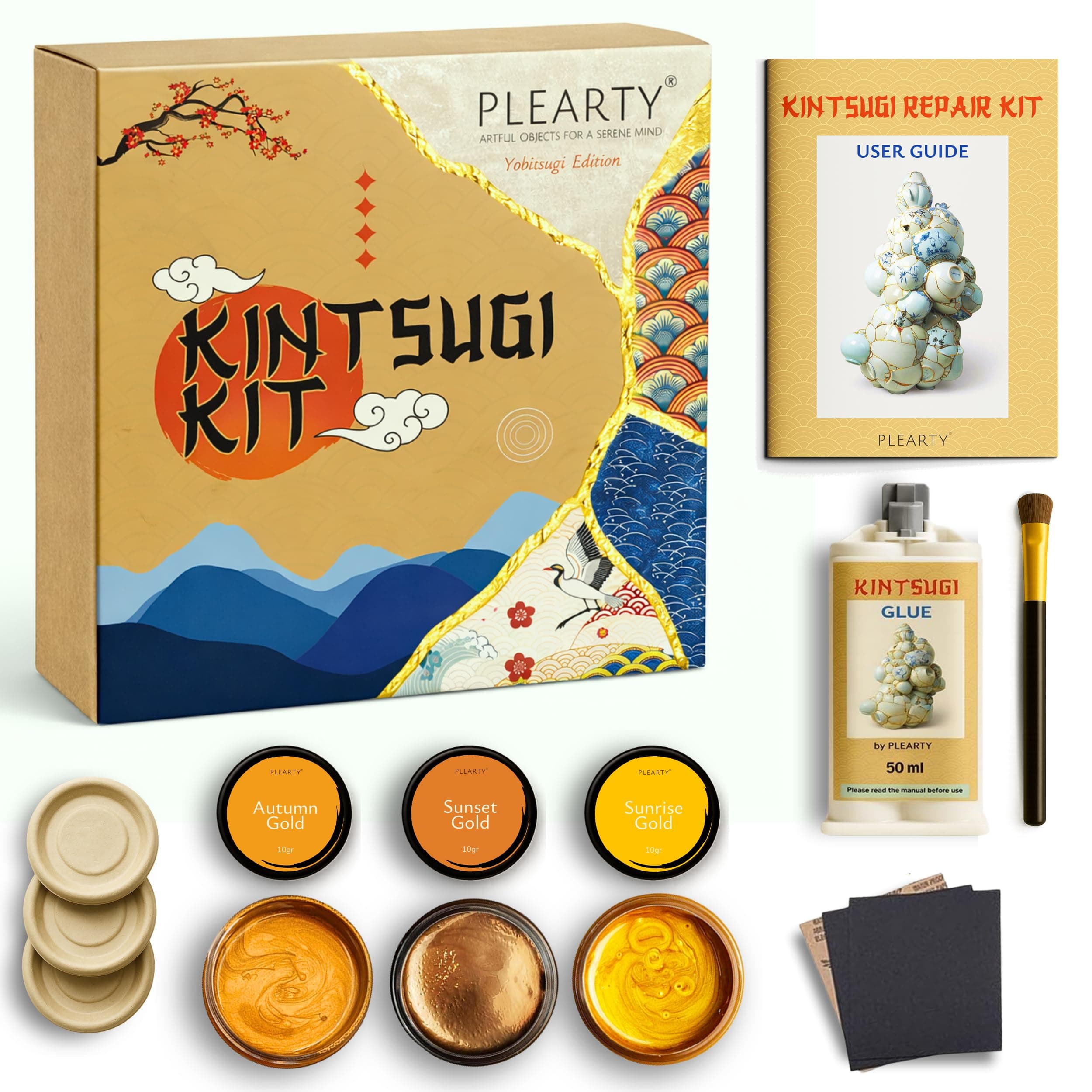 Bio Kintsugi Repair Kit Gold with Complet 15 Pages Booklet Manual 60g Gold Mica Powder for Japanese Gold Repair Kit DIY Craft Kits for Adults Pottery Repair Kit 50 ml Resin