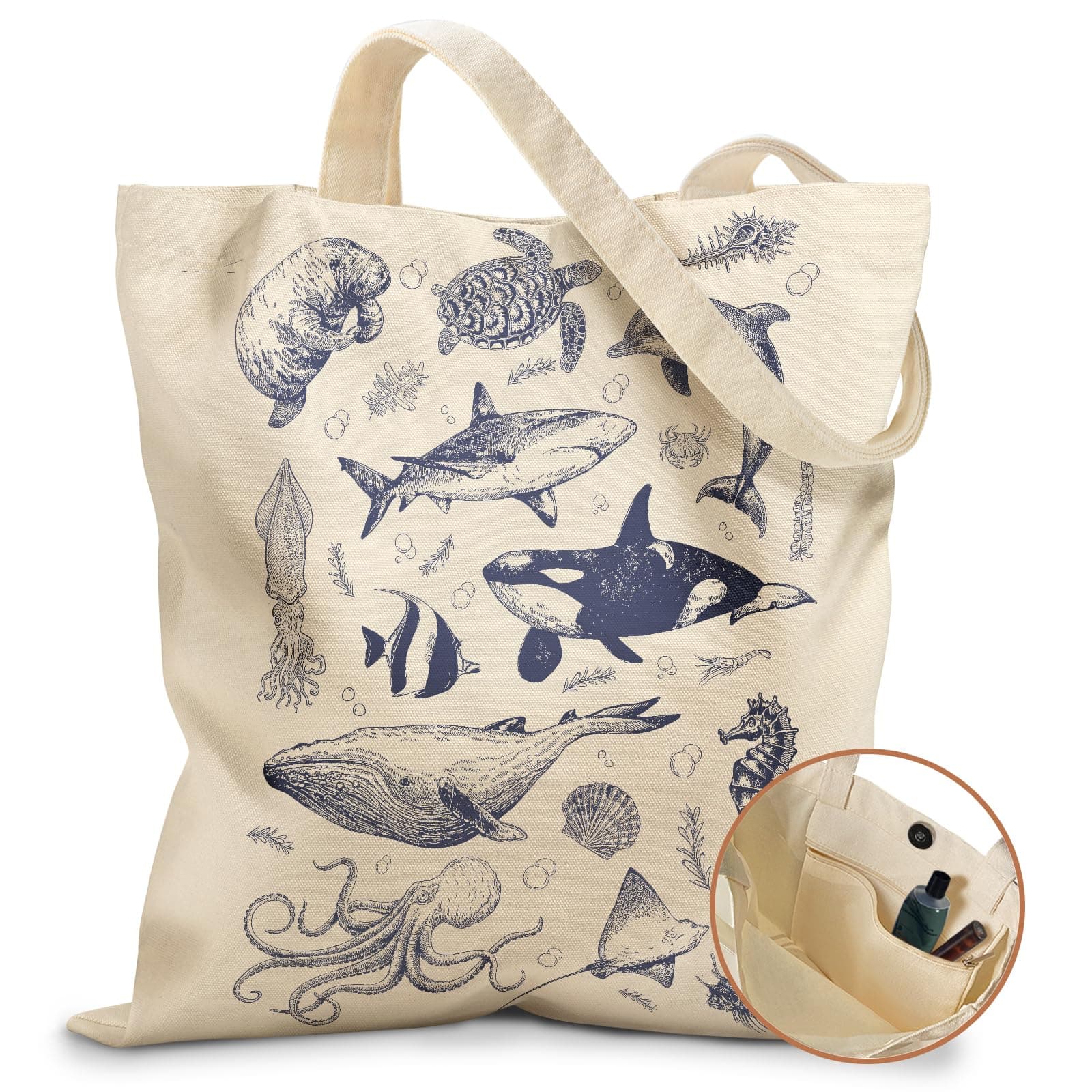 Aesthetic Tote Bag for Girls - with Magnetic Buckle and Zipper Inner Pocket for Women Lady Canvas Cotton Tote Bag