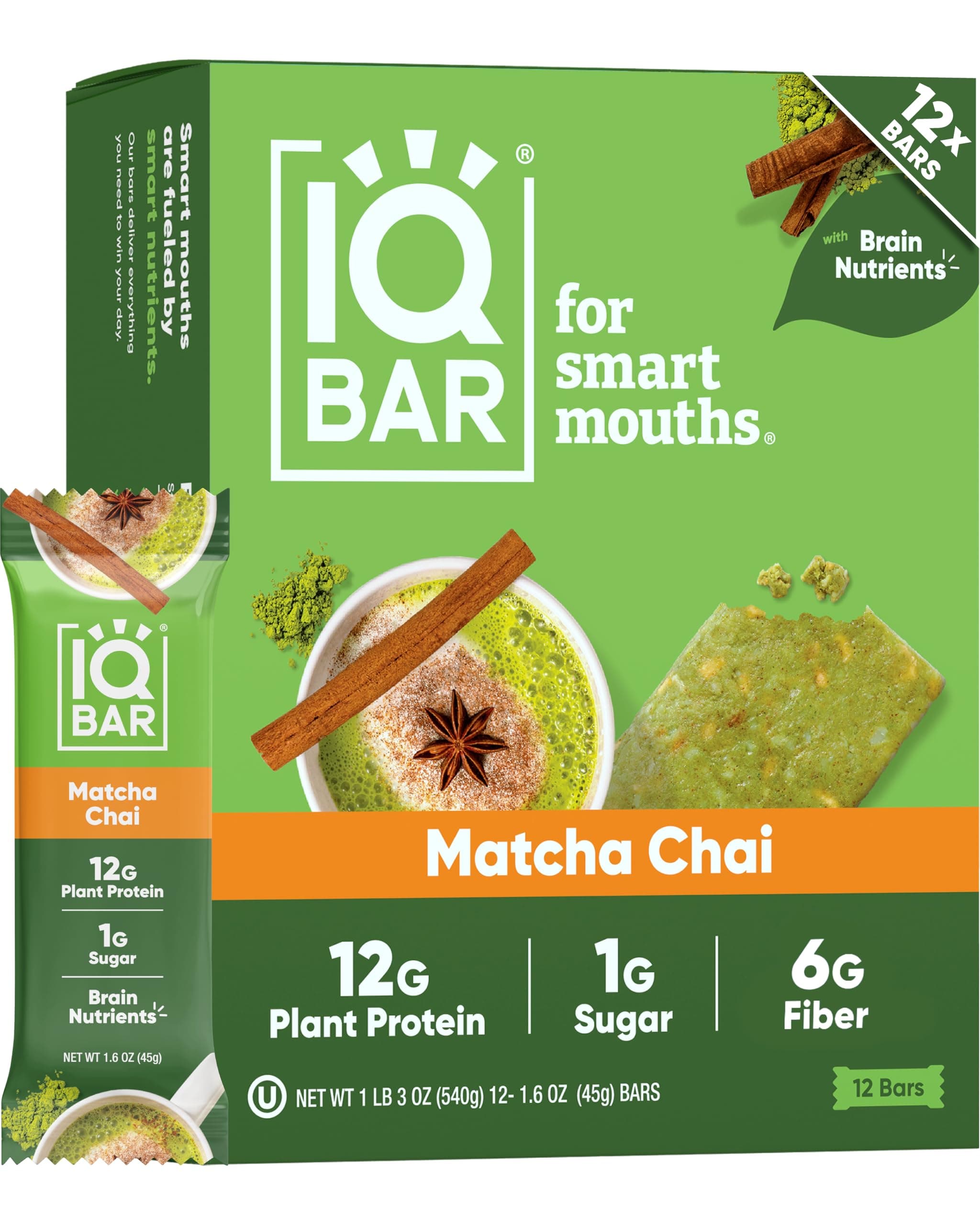 Clean Plant Protein Bars - Matcha Chai - 12 Count - Keto, Vegan, High Fiber, Gluten and Dairy Free, Low Sugar Snack - Brain and Body Nutrients for Focus, Energy, Meal Replacement