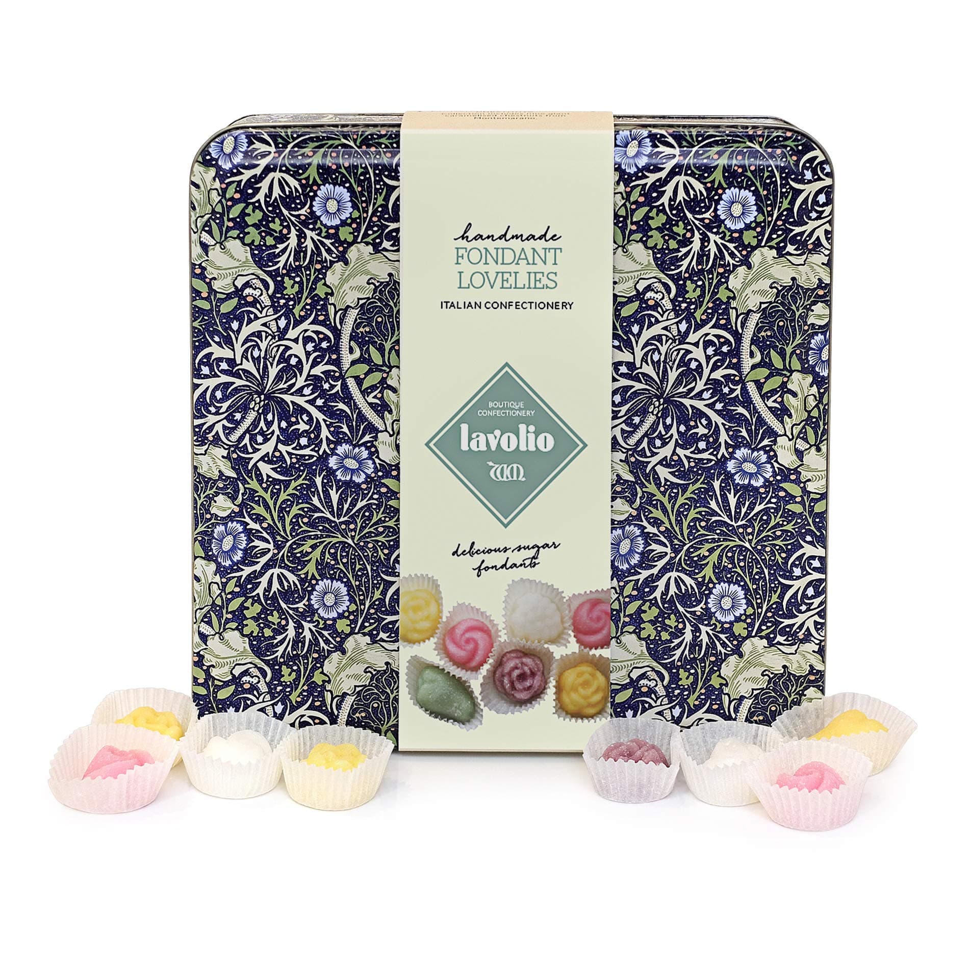 Lavolio William Morris Fondant Lovelies Gift Tin- (120g) -Premium Selection of 16 Unique Soft Sugar Fondants, 6 Different Fruit Flavours of Luxury Italian Confectionery, Perfect Present for Her