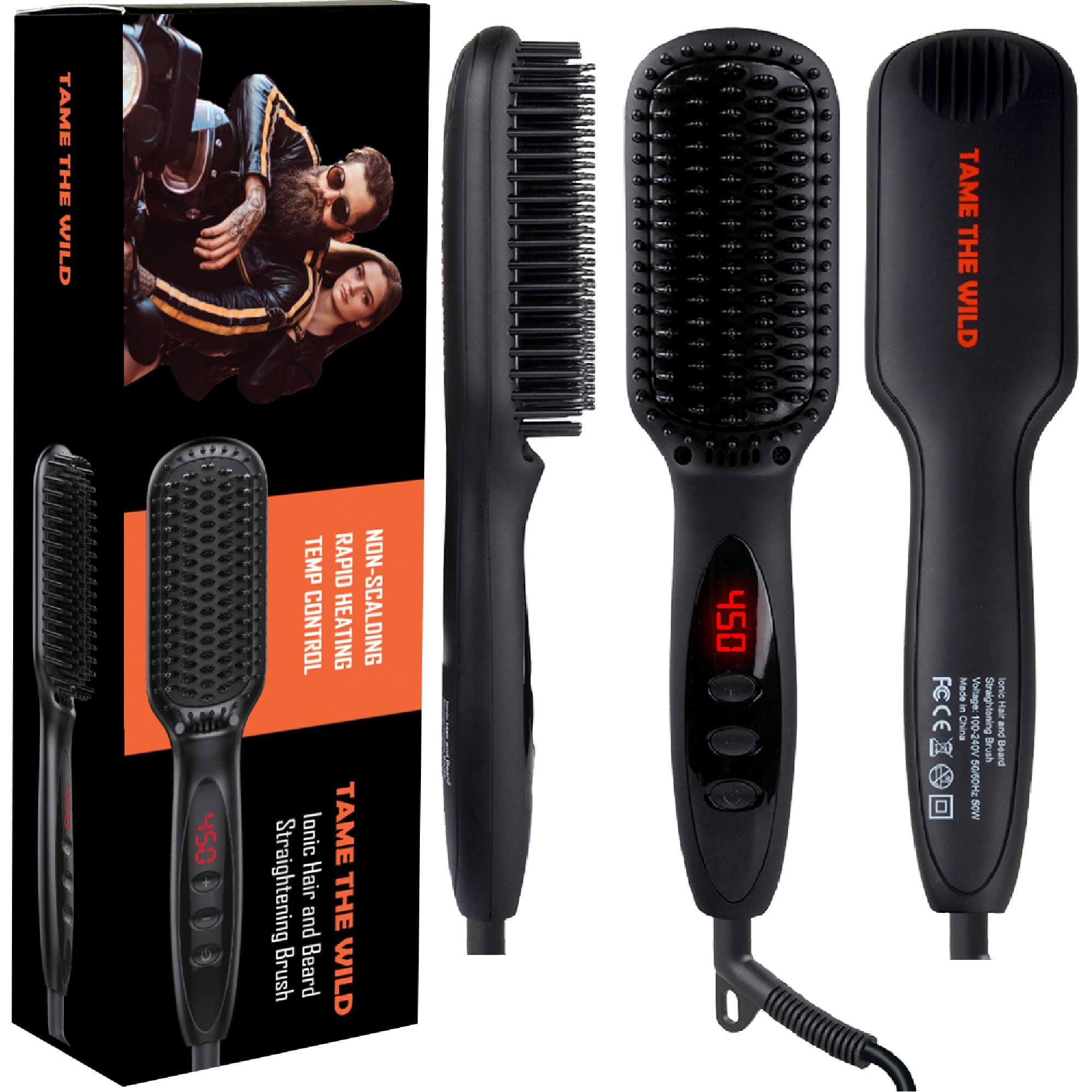 Tame's Beard Straightener for Men - Anti-Scald Beard Straightening Comb - Ceramic Heated Beard Brush - 12 Temp Settings - Built In Ionic Generator - LED Display - Best for Beards Over 2" Long