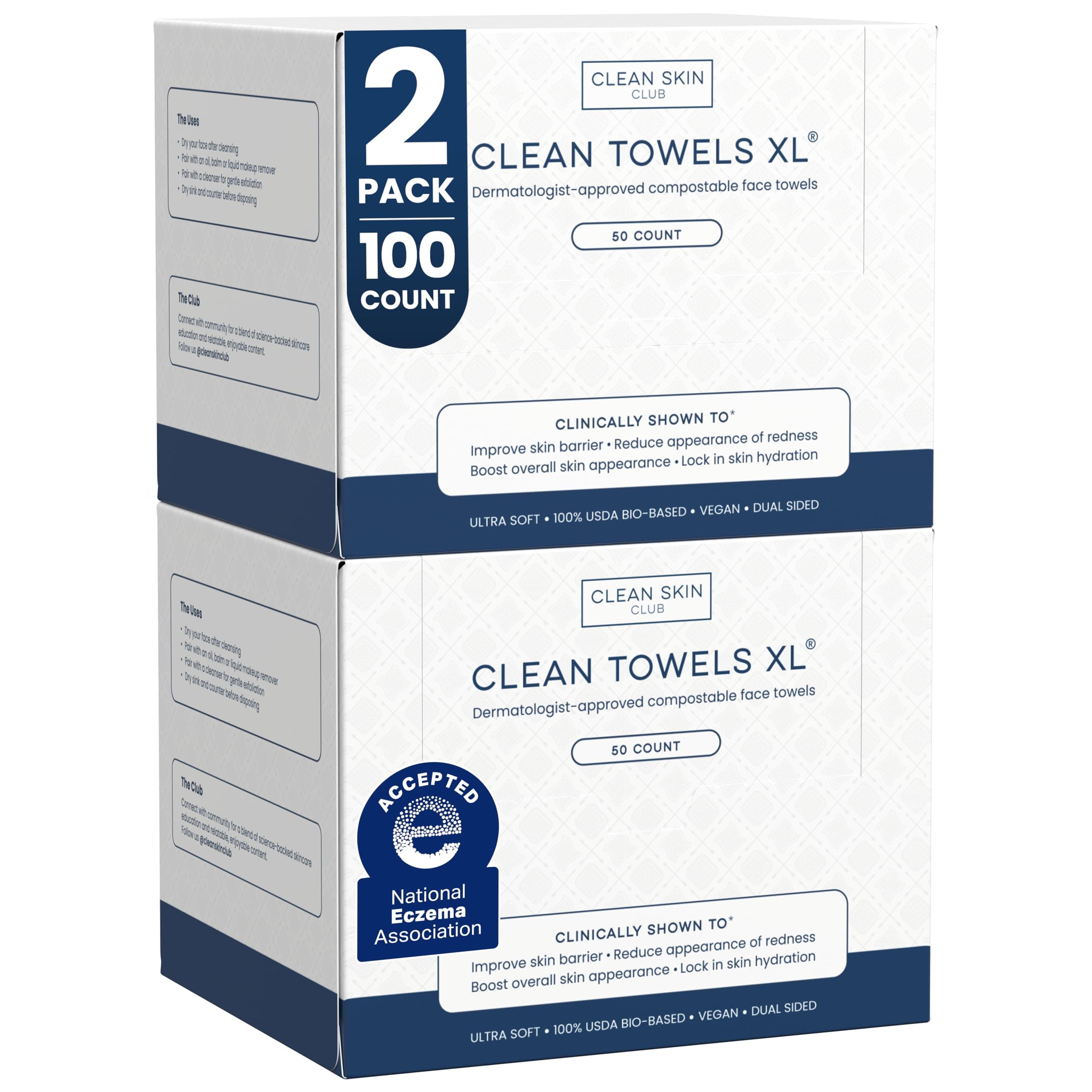 Clean Skin Club Clean Towels XL®, 100% USDA Biobased Face Towel, Disposable Face Towelette, Eczema Association Accepted, Makeup Remover Dry Wipes, Ultra Soft, 50 ct per pack, 2 Packs, 100 Ct Total