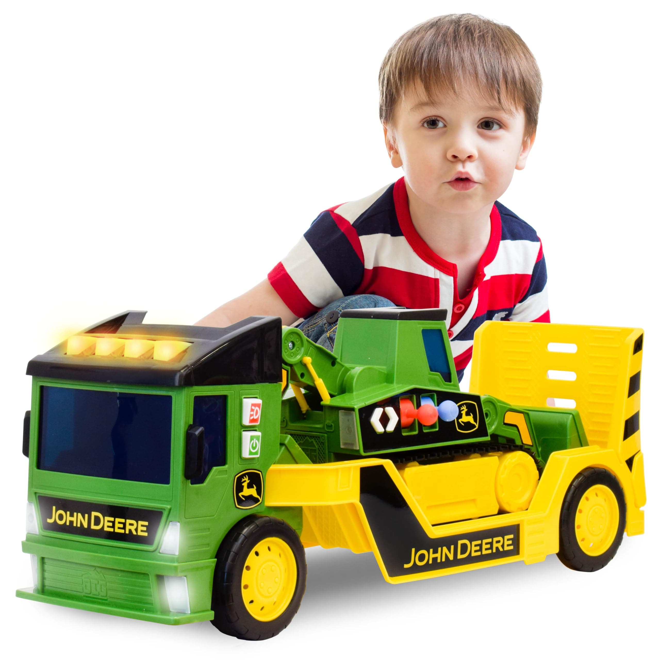 John Deere 2 Feet Extra Large 2-N-1 Mega Mover - Includes Two Large Toy Trucks with Lights, Sounds and Motorized Drive, Realistic Dump Truck and Trailer with Dual Joystick Controllers for Kids 3+