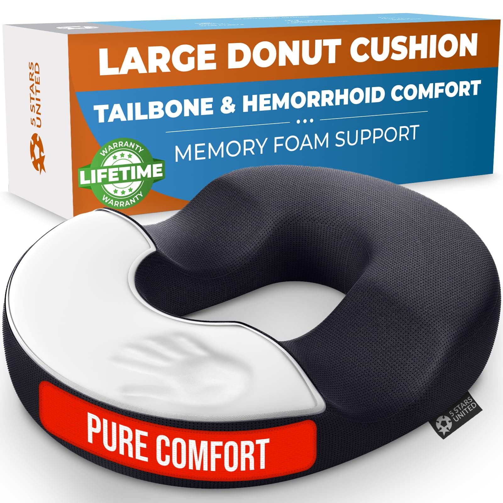 5 STARS UNITED Donut Cushion – Memory Foam Pillow for Sitting – Tailbone & Coccyx Support – Hemorrhoid-Friendly Ring Shape – Office Chair, Car, Desk & Wheelchair (Black, Large)