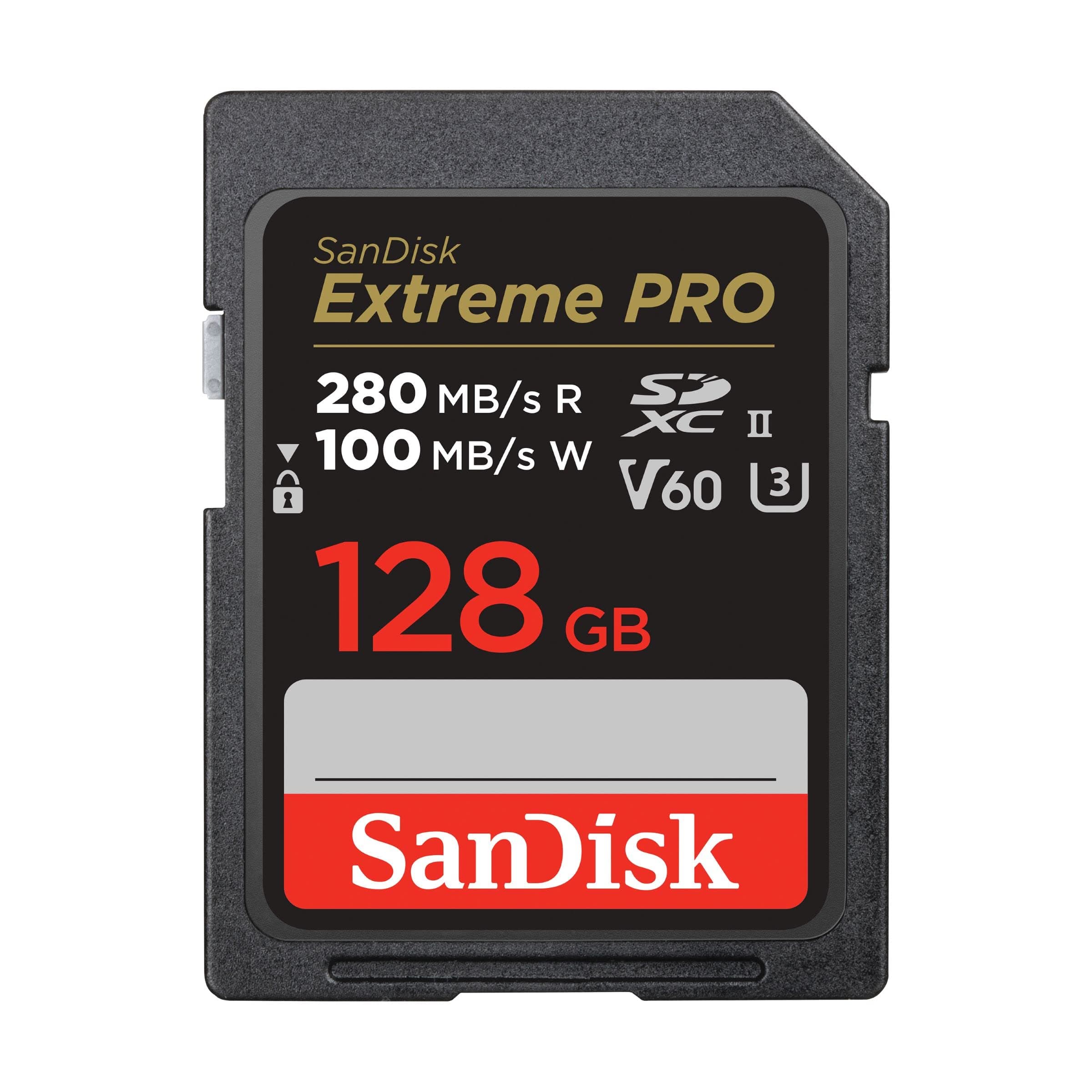 128GB Extreme PRO SDXC card, SD Card, V60 Memory card, 6K & 4K UHD, up to 280 MB/s, Shock, Temperature, Water and X-Ray Proof, RescuePro Deluxe data recovery software, UHS-II, Class 10, U3