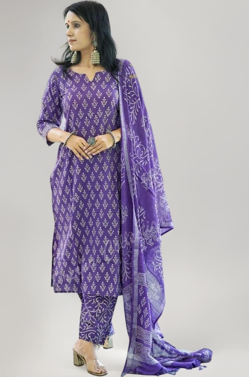 Women's Cotton Printed Straight Kurta with Palazzo & Dupatta Set