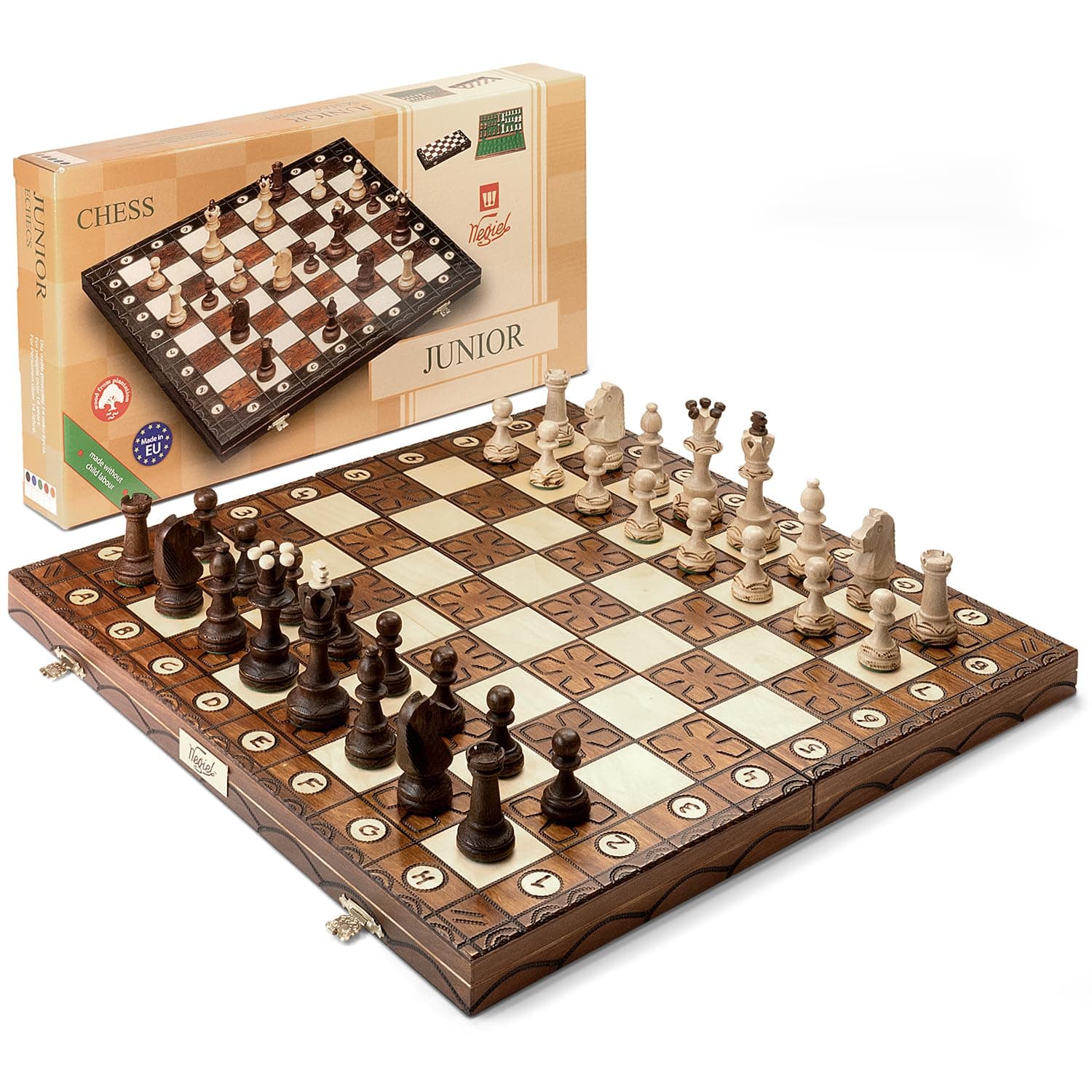 Wegiel Handmade Junior European International Chess Set - 16 Inch Luxury Wooden Chess Set for Adults and Kids, Premium Beech and Birch Wood - Unique Folding Design with Storage