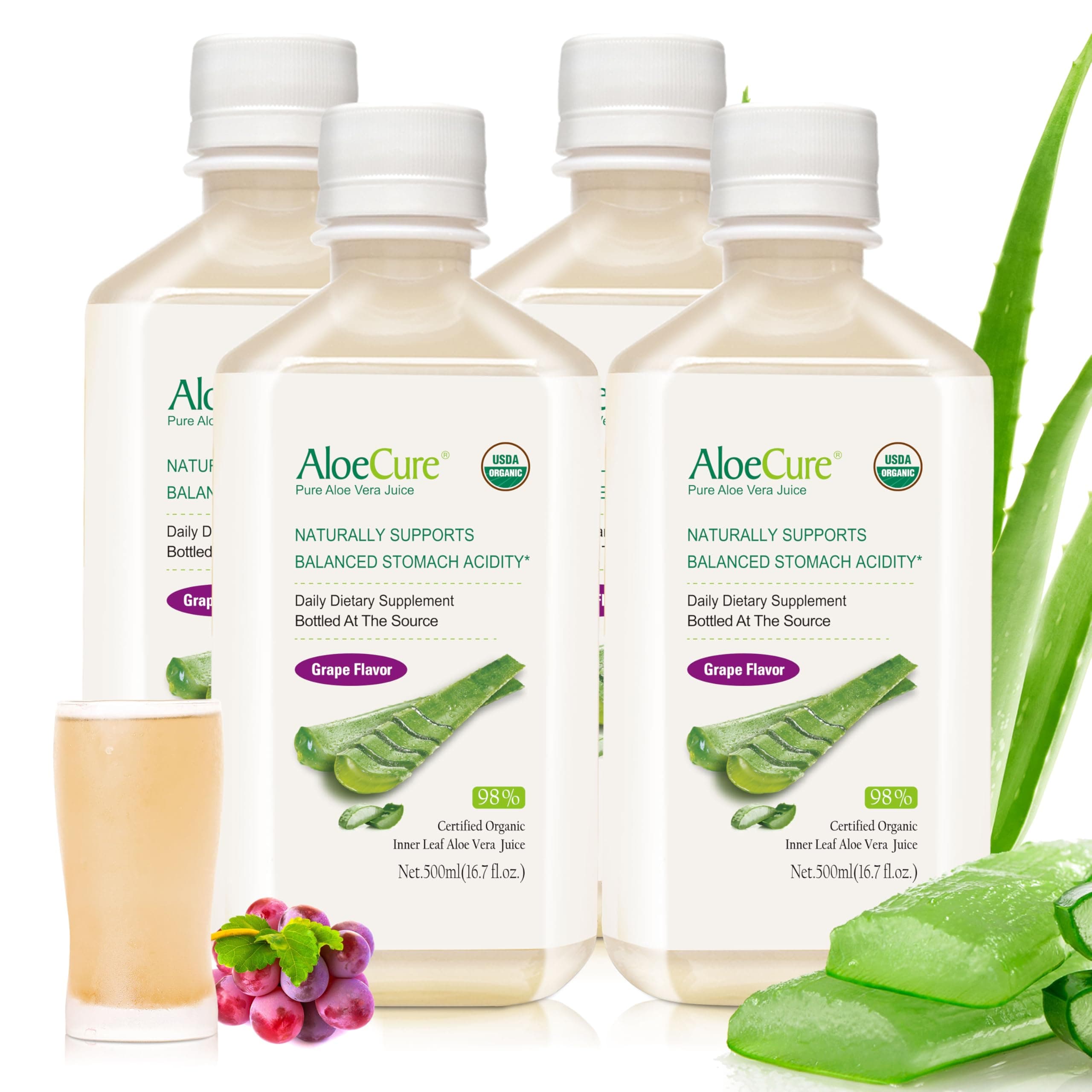 AloeCure USDA Organic Aloe Vera Juice Grape Flavor, Made Within 12 Hours of Harvest - Pure Aloe Vera Digestive & Immune Health Supplement, Helps Maintain Balanced Stomach Acidity, 16.7oz x 4 Btls