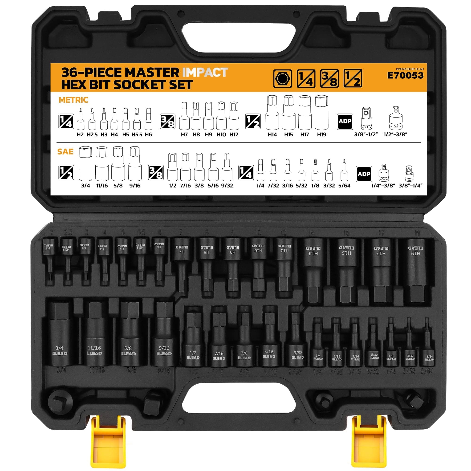 Hex Bit Impact Socket Set: 36-Piece with 4 Adapters, 1/4", 3/8", 1/2"Drive Master Allen Socket Set, Cr-V Steel, SAE and Metric, H5-H19 & 3/4"-5/64", Reinforced Storage Case, Automotive Mechanic