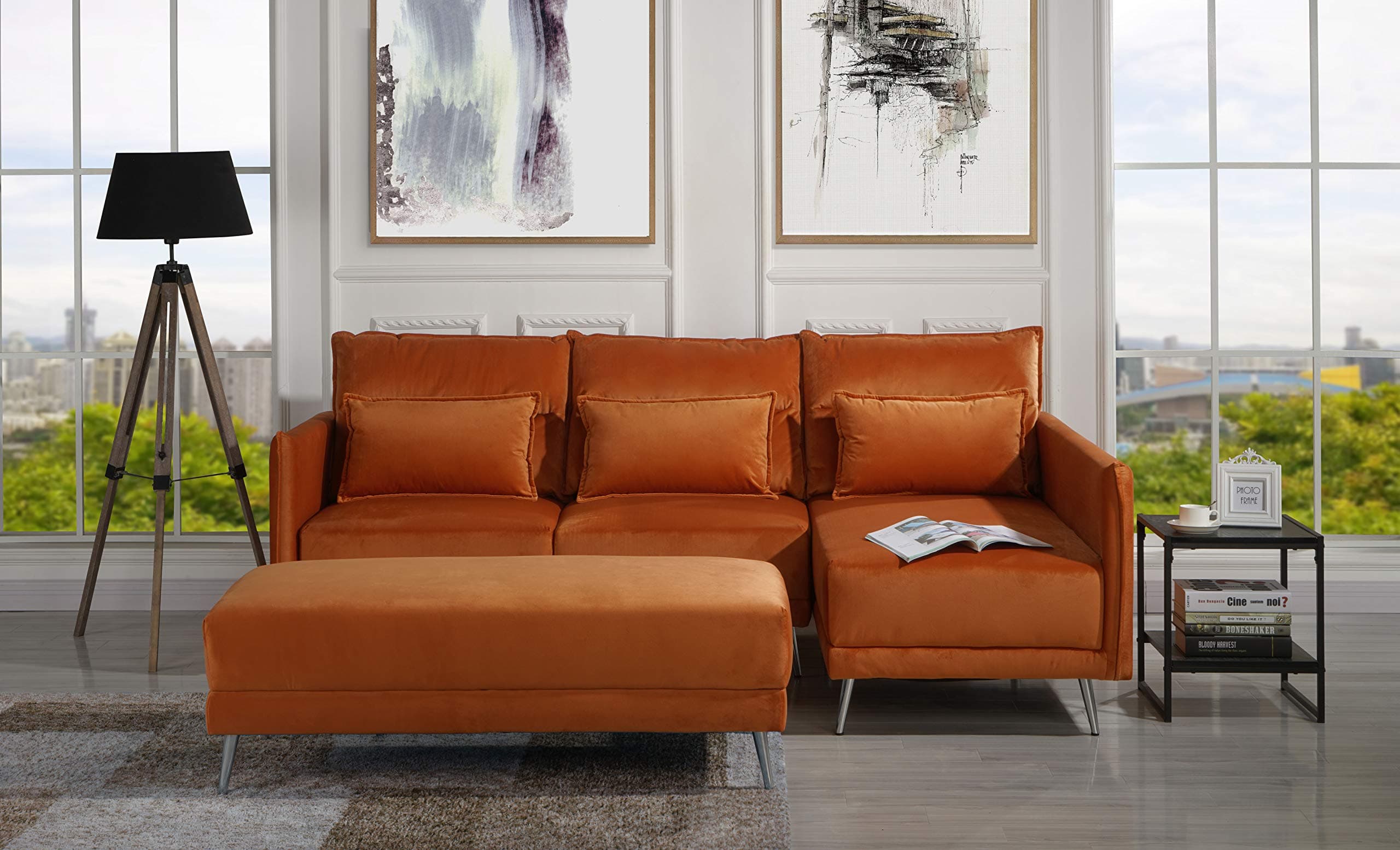 Upholstered 88.1" inch Velvet Sectional Sofa, L-Shape Couch with Rectangular Ottoman (Rust)