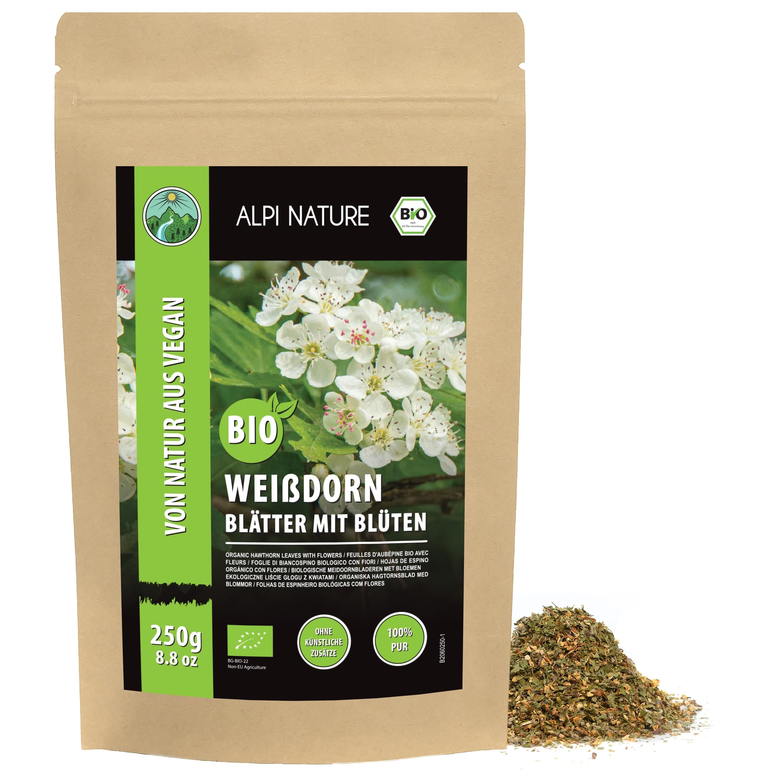 Organic Hawthorn Tea 250g 8.8 oz, Dried and Cut Hawthorn Leaves and Flowers for Tea
