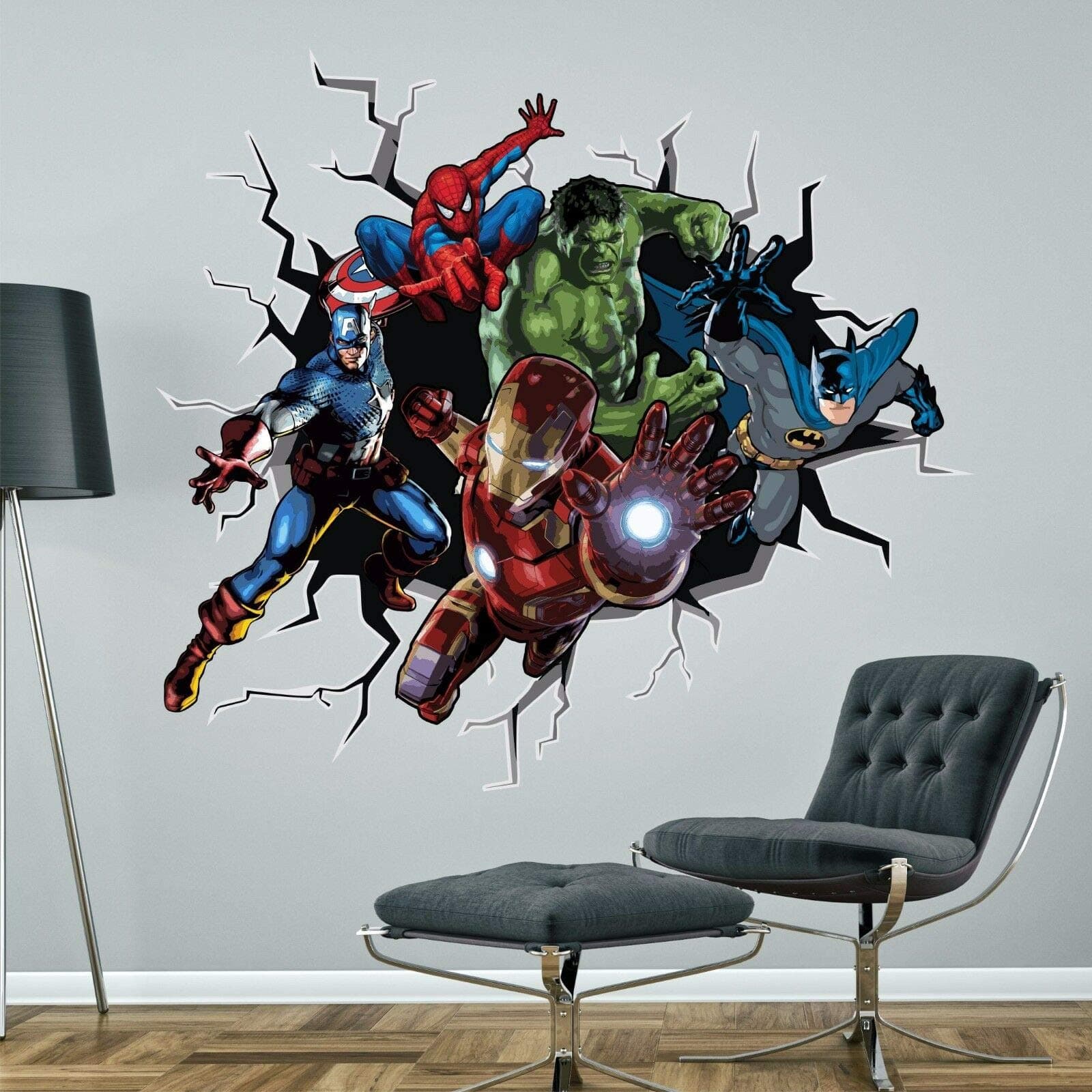 Superheroes Breaking Through Wall Sticker Hulk Spiderman Captain America Ironman Marvel Decal Mural (Small - 59cm high x 65cm Wide)