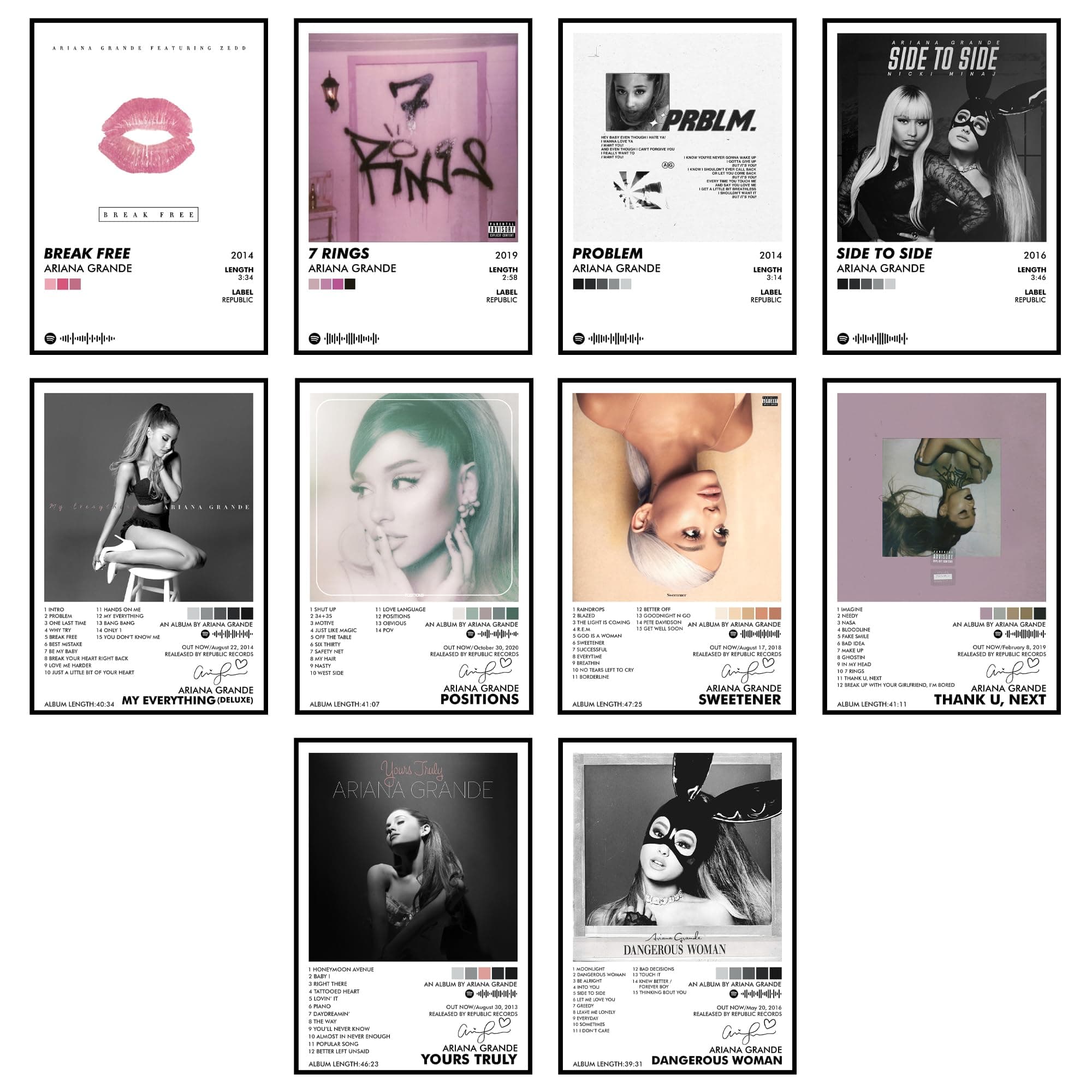 Thepaper9store Pack of 10 - Ariana Grande Music Album Art Wall Posters 8.2x11.8 inch Adhesive Tape Attached Wall Decor, Music Poster, Wall Art For Bedroom, Living room, Office (Ariana Grande)