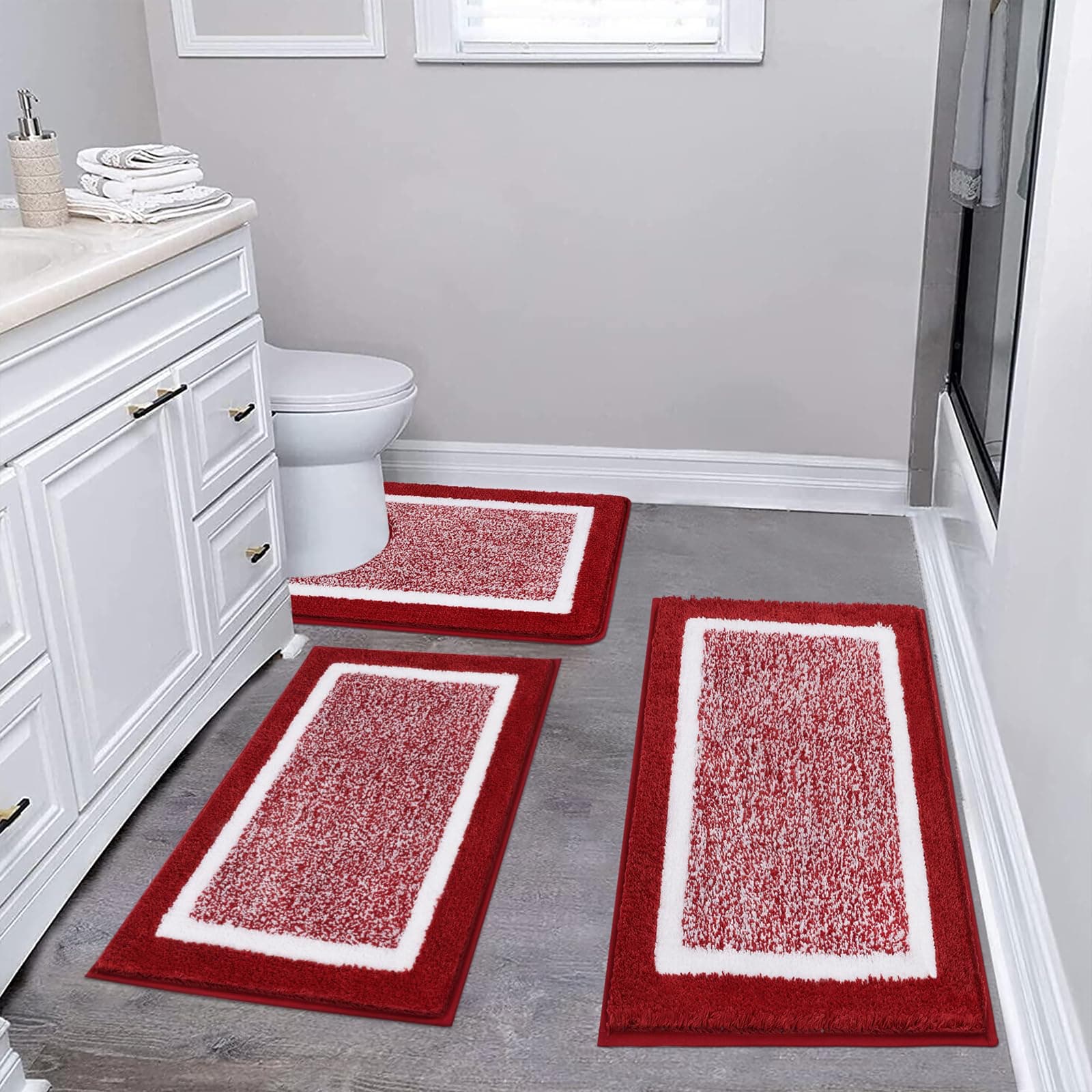 Pauwer 3 Piece Bathroom Shower Rugs with U-Shaped Contour Toilet Mat, Absorbent Microfiber Plush Bath Mats, Non Slip, Machine Washable Shaggy Bathroom Floor Mats, Red