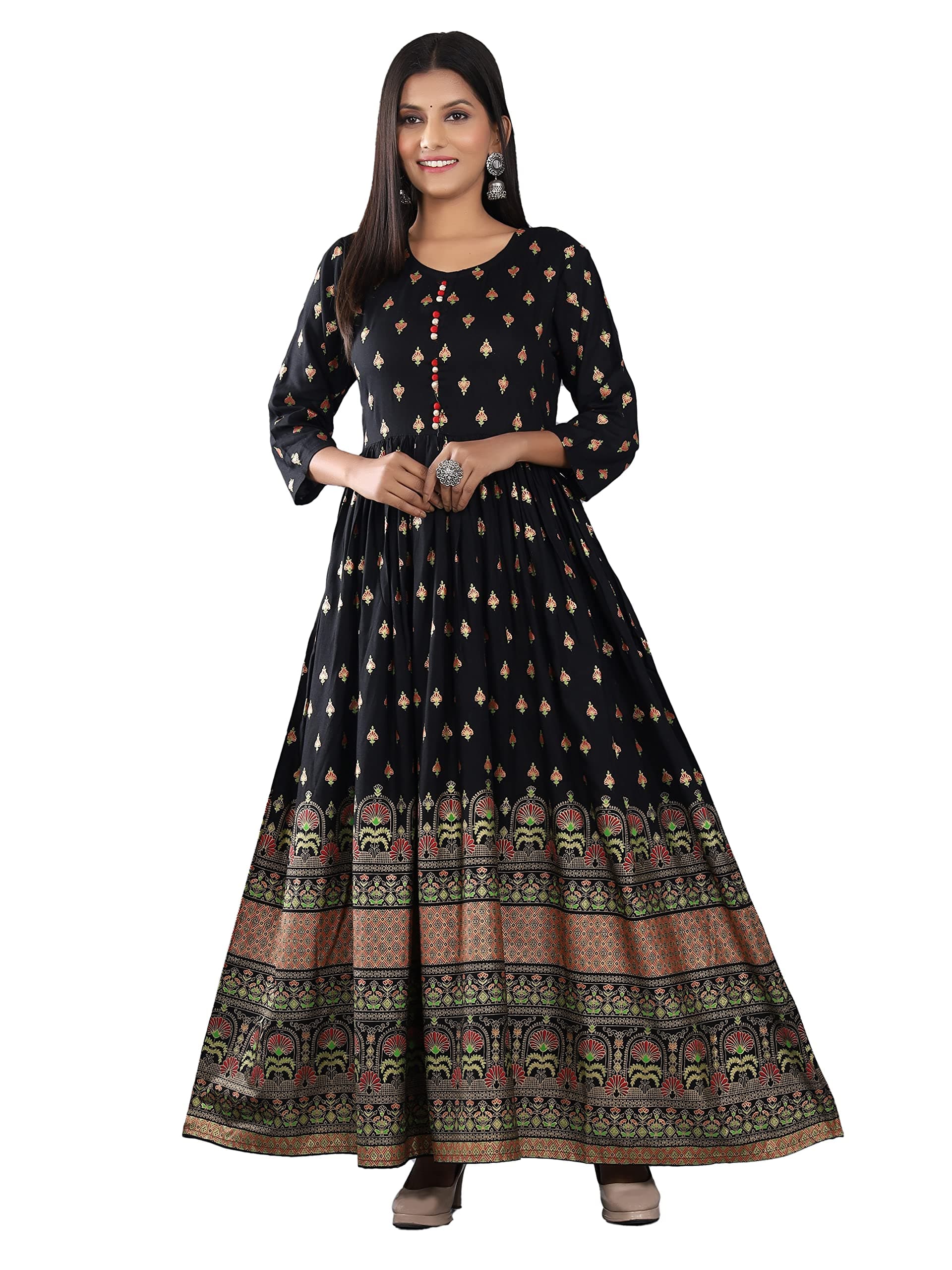 GO GULABI Rayon Printed Anarkali Long Kurti for Women| Flare Kurti (Black)