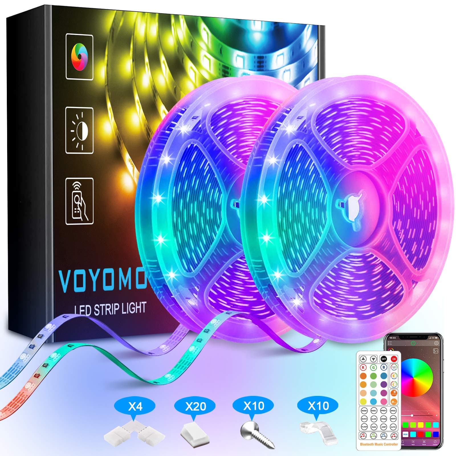 VOYOMO LED Strip Lights 20m, Bluetooth RGB LED Strip Lights with Remote, APP Control Music Sync, Ultra-Long Colour Changing LED Tape Lights for Bedroom, Ceiling, Home Decoration (2 Rolls of 10m)