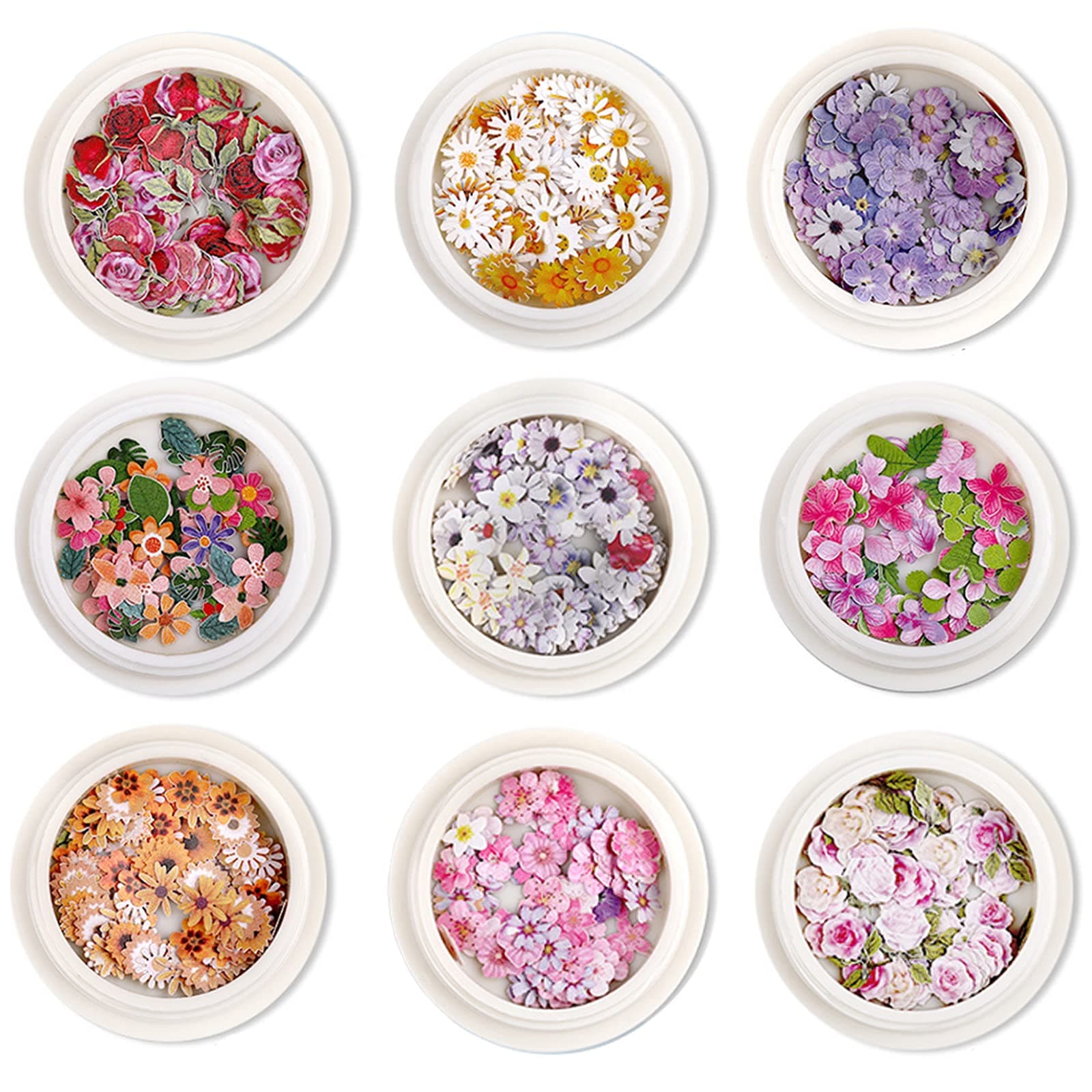 9 Boxes 450pcs 3D Flower Nail Art Sequins Decals(not self-Adhesive not Stickers) Colorful Mixed Flowers Leaves Design Slice Nail Flowers Ultra Wood Pulp Flakes Sequins(Type 3)