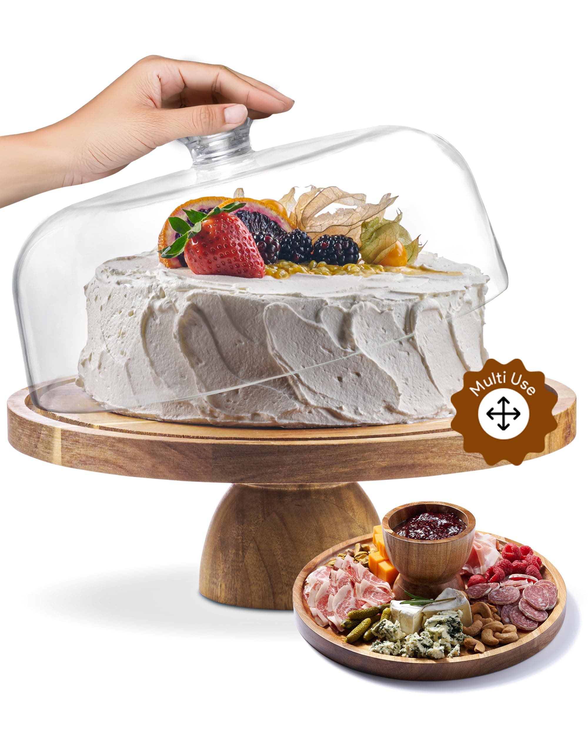 Acacia Wood Cake Stand with Lid - Cake Stand with Dome,12in Round Cake Holder, 2-in-1 Dessert Table Display Set & Charcuterie Board for Cheese, Chips & Dips, Fruit Platter, Large Acrylic Cake Dome Cover