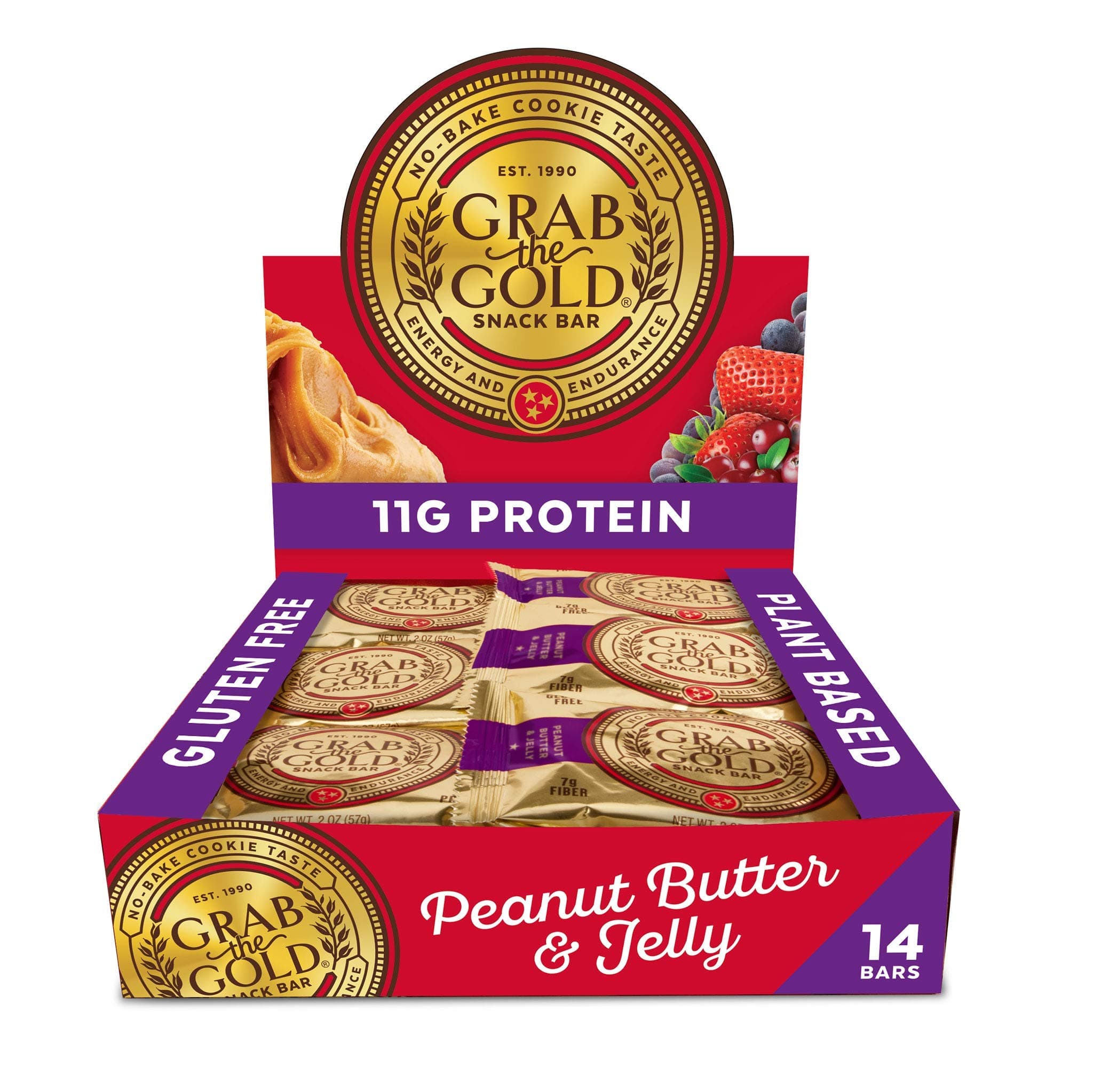 Grab The Gold Cranberries Peanut Butter & Jelly Protein Snack Bars | 11g Plant-Based Protein Bars with Organic Oats, Whole Food Nutrition | Gluten-Free, Vegan, High-Fiber | 14 Bars Amazon Exclusive, Made in USA