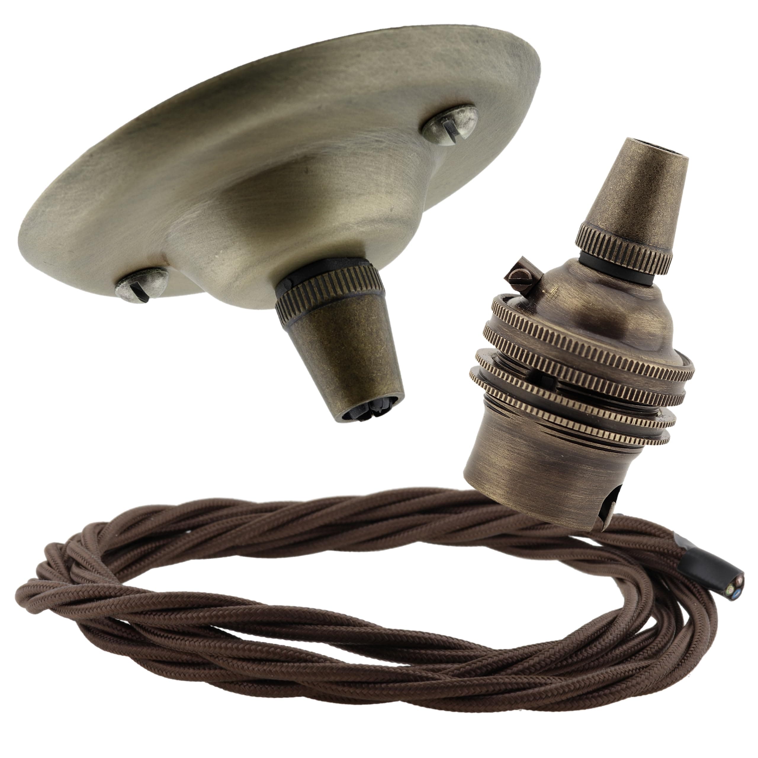 Repaireum Ltd. Vintage Styled Ceiling Pendant Kit incl. Antiqued Brass Finish Rose, B22 Bulb Holder and 3 Core Mocha Brown Braided Twisted Flex