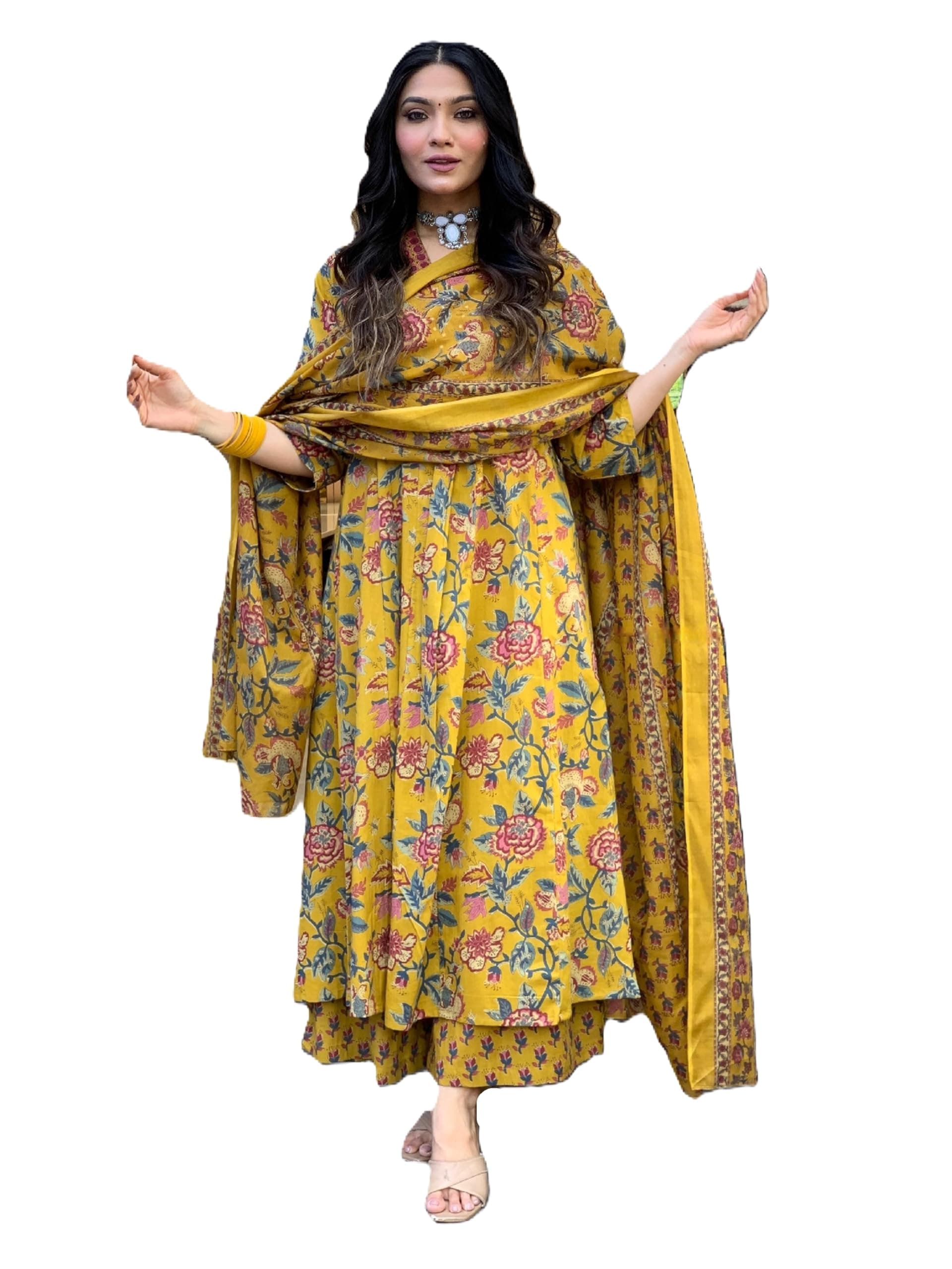 Women's Pure Cotton Block Printed Kurta Set with Palazzo Pants & Dupatta - Ethnic Wear, Yellow
