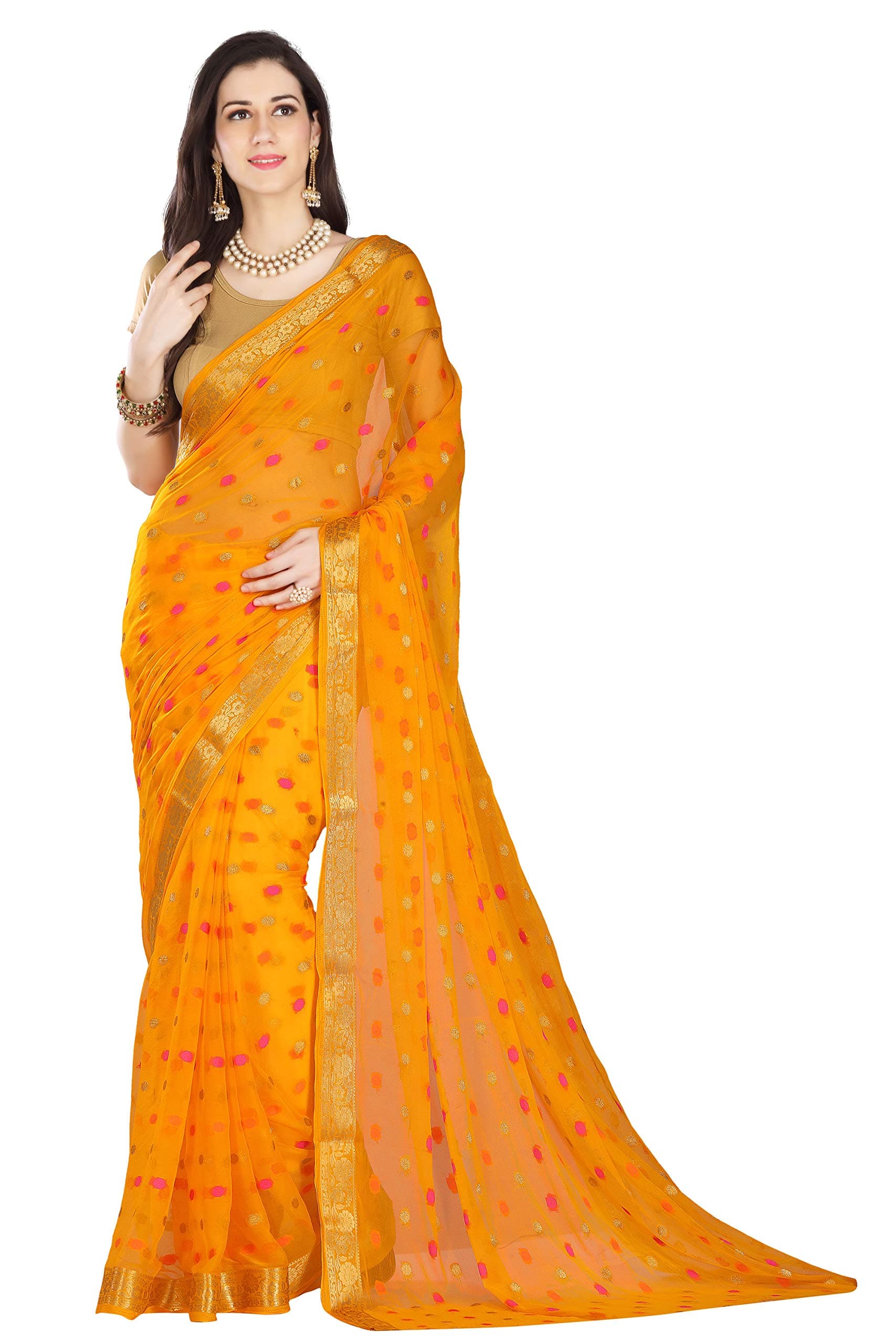 Women's Chiffon Saree With Blouse Piece, Gold, 5.4 Meters