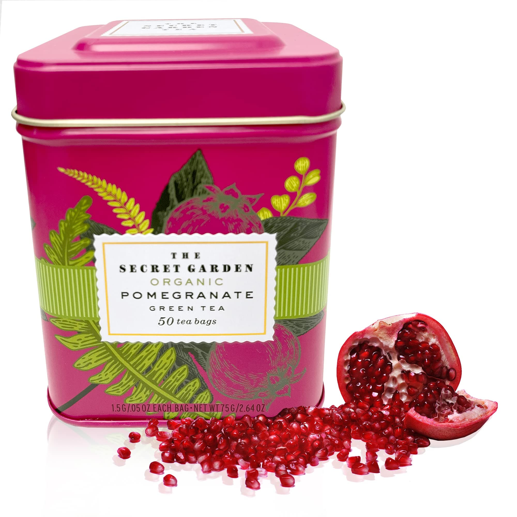 Organic Pomegranate Ceylon Green Tea - 50 Packets - Natural Antioxidant Rich Herbal Leaf Teabags - USDA Certified 100% Non-GMO - Caffeinated Designer Gift Tin