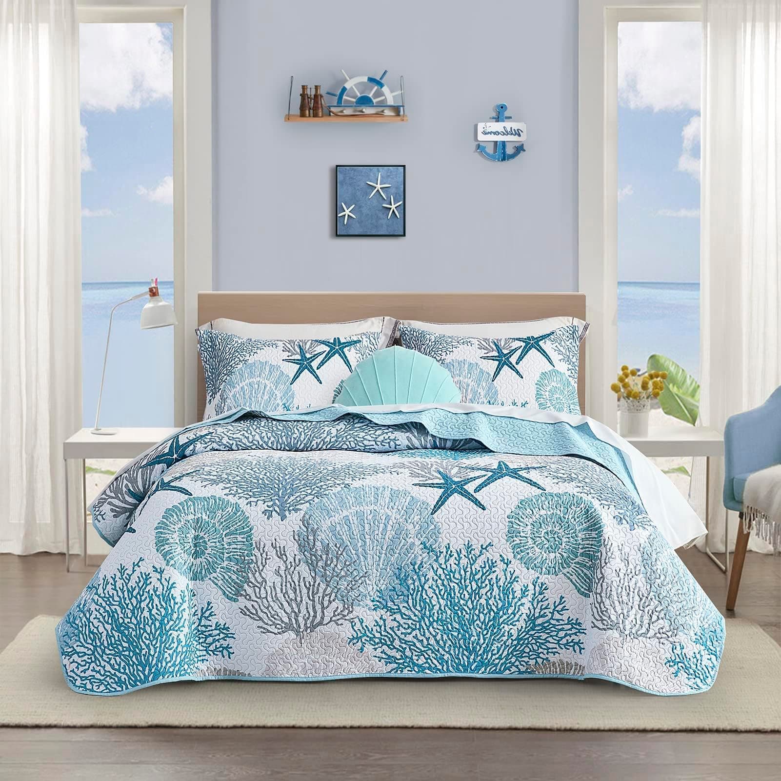 Tritard 3 Piece Coastal Quilt Sets Full/Queen Size - Reversible Microfiber Quilts with 2 Shams Soft Lightweight Beach Bedding Nautical Bedspread Coverlet Summer Comforter for All Season, 90''x96'', C1