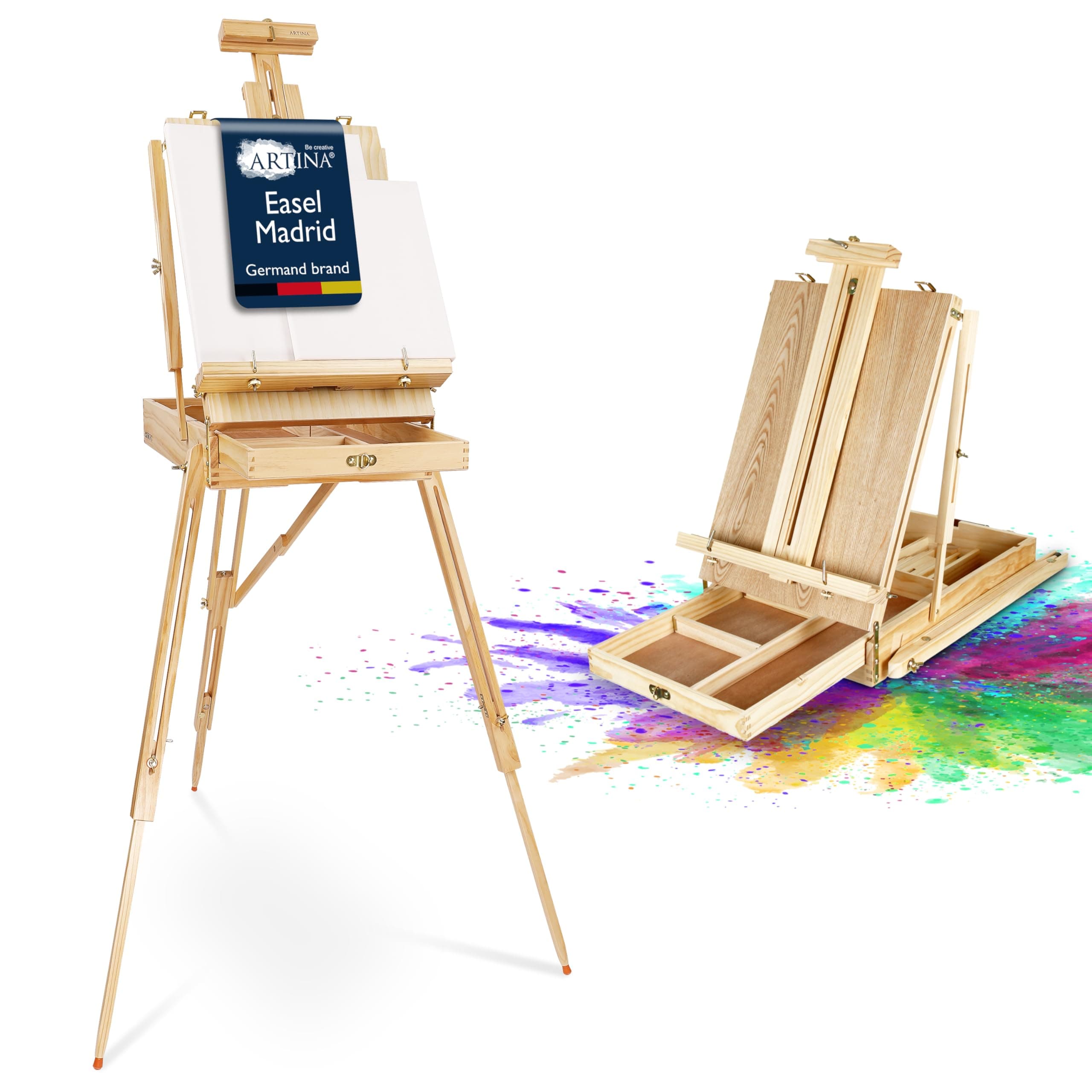 Wooden Easel Stand for Painting with Storage Box & Tripod Legs Madrid - Art Canvas Holder Foldable & Lightweight Canvas Stand Large Painting Easel for Artists