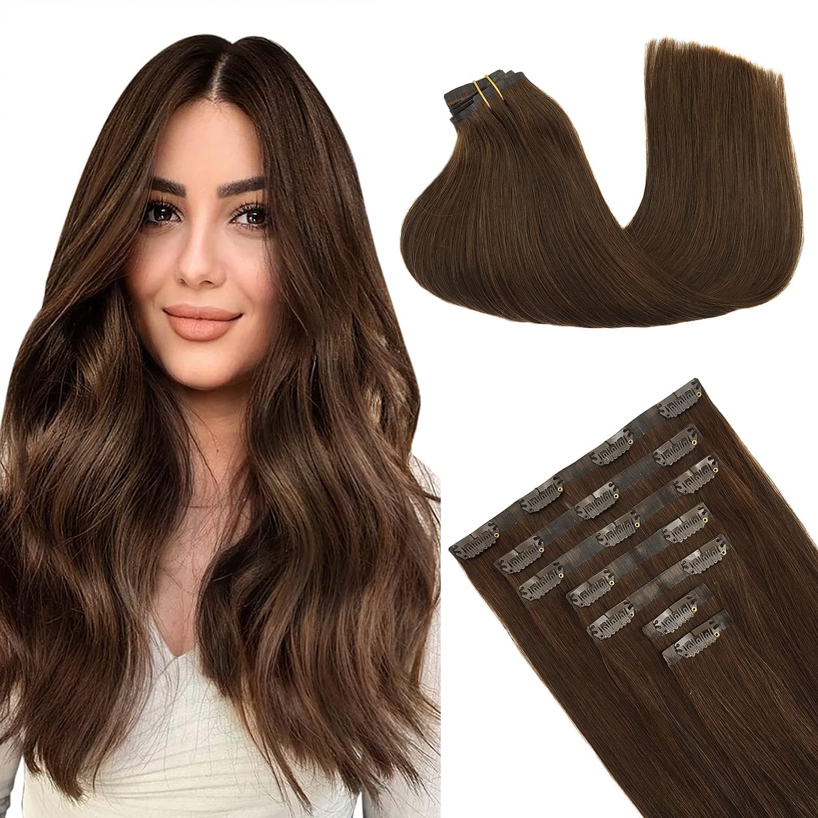 GOO GOO Hair Extensions Clip in Human Hair 16 Inch Chocolate Brown 7pcs 130g PU Clip in Hair Extensions Remy Thick Natural Hair Extensions Full Head for Women