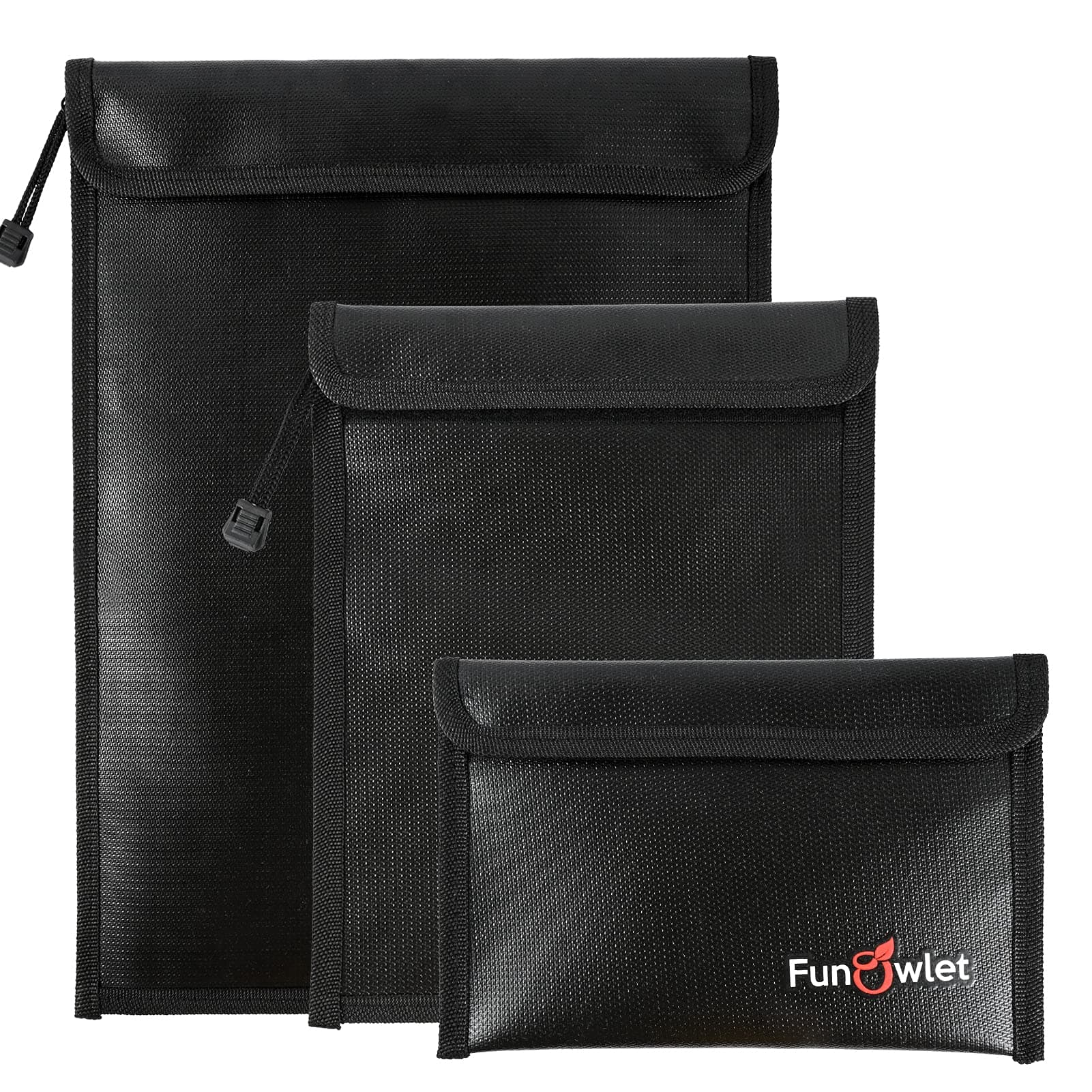 FunOwlet Fireproof Waterproof Document Bag – 3 Pack Fire and Water Resistant Zipper Storage Organizer & Money Safe Pouch Set for Important Papers, Cash, Passports, Jewelry & Electronics (Black)