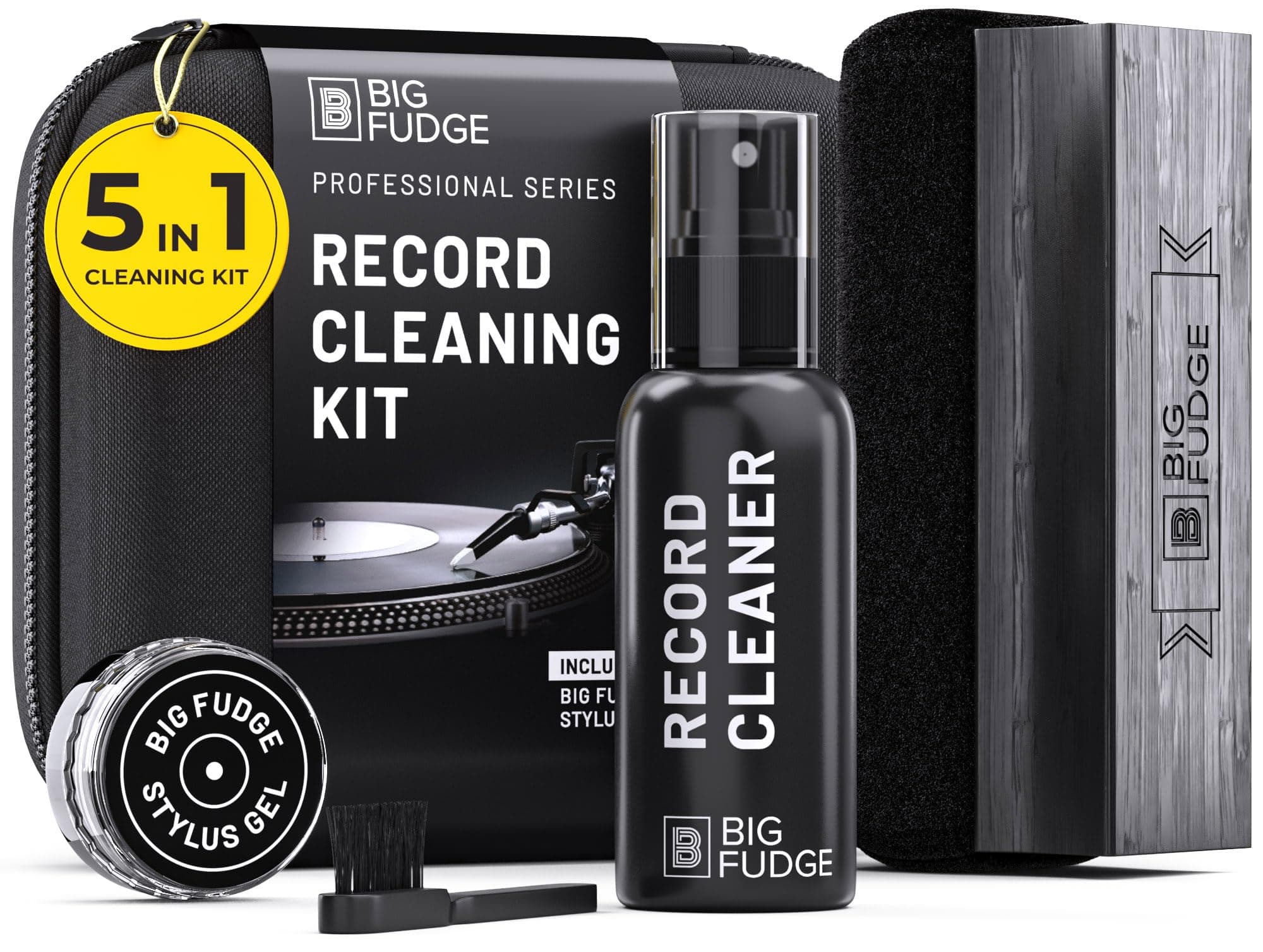 Big Fudge Professional Series Vinyl Record Cleaning Kit - 5-in-1- Includes Velvet Vinyl Cleaner Brush, Cleaning Fluid, Stylus Gel, Brush for Velvet, Padded Storage Case