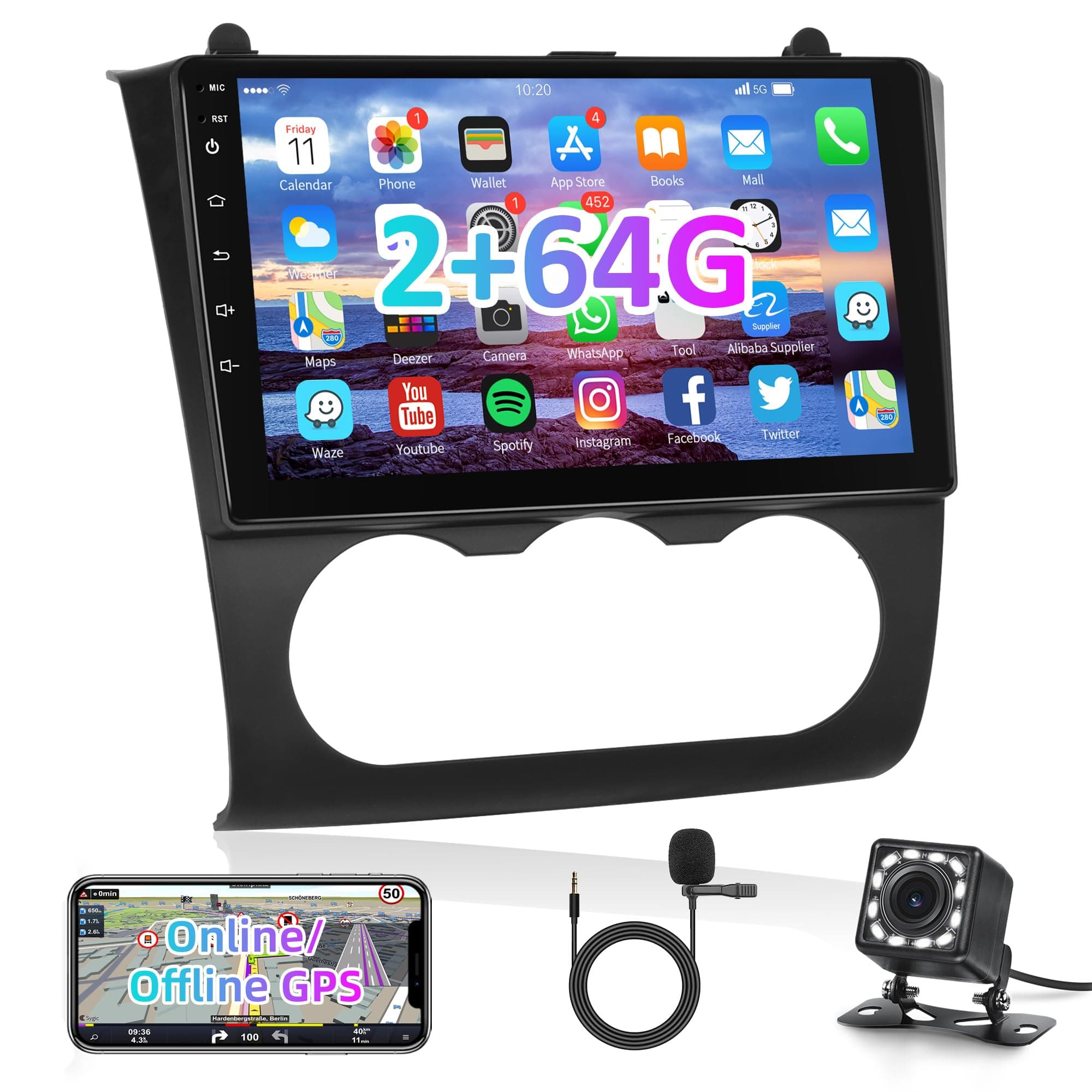 podofofor Nissan Altima 2008-2012 Android Car Stereo 2+64G with Mirror Link WiFi GPS Navigation FM/RDS Radio Player 9" HD Touchscreen Auto Car Radio Backup Camera Multimedia Head Unit (Manual A/C)