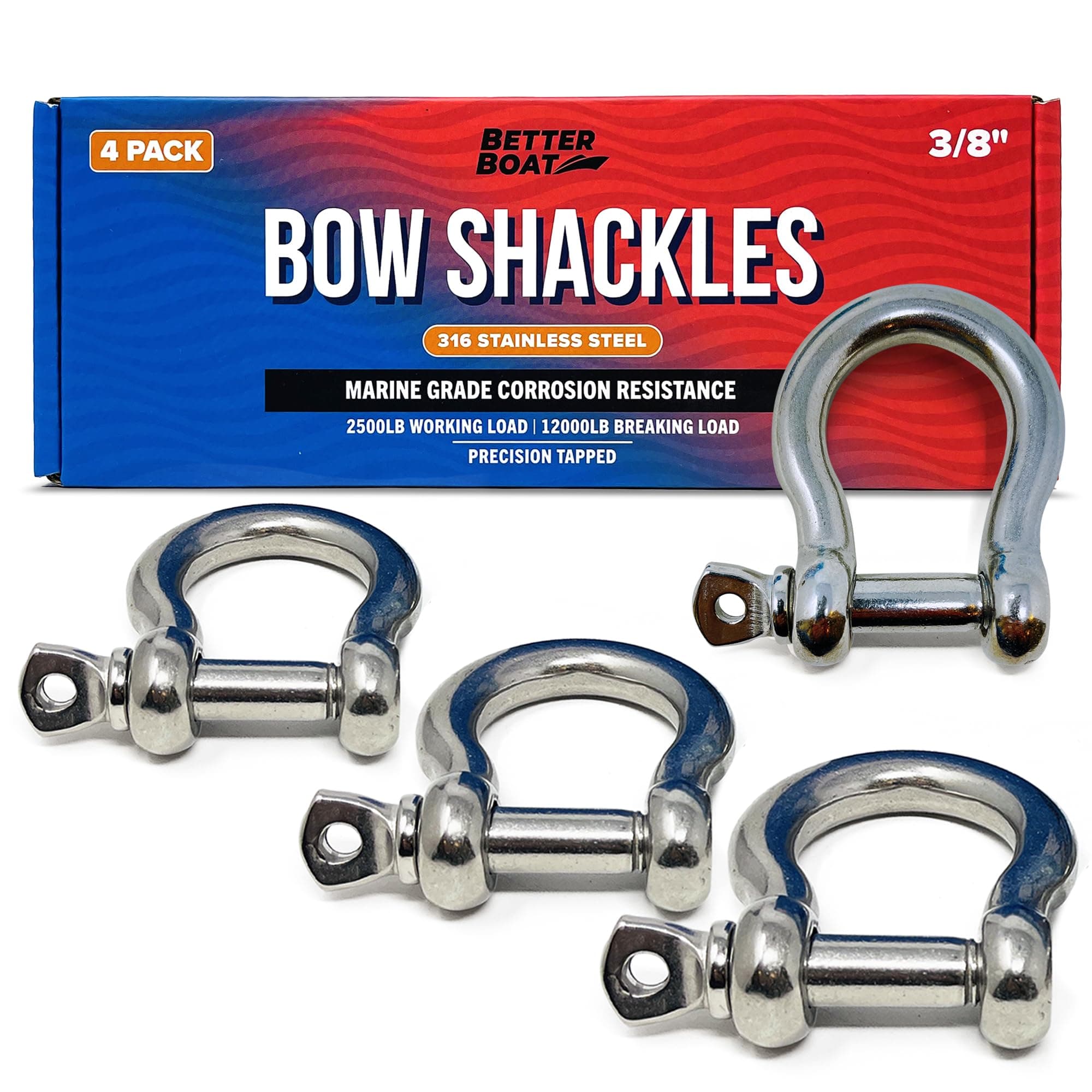 Premium Stainless Steel D-Ring Shackles, Marine Grade, 4-Pack, 1/2", 3/8", 5/16", 1/4", Mini Bow or Clevis Anchor Shackle for Boat, Sailboat, Chain, Rigging Clasp