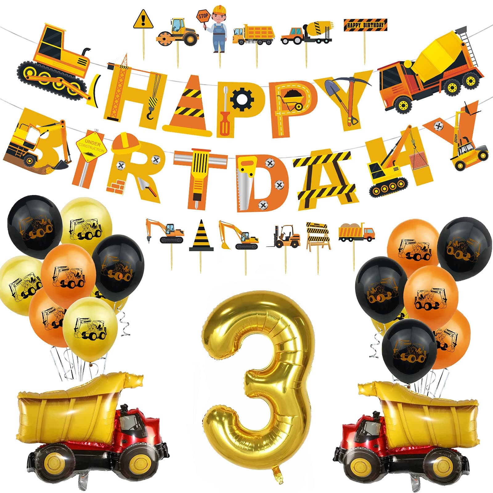 Construction Birthday Party Decorations for Kids,Dump Truck Party Supplies Pre-strung Banners,Dump Truck Balloons,40 Inch Giant Gold Number Balloons for Birthday Party Decorations (3)