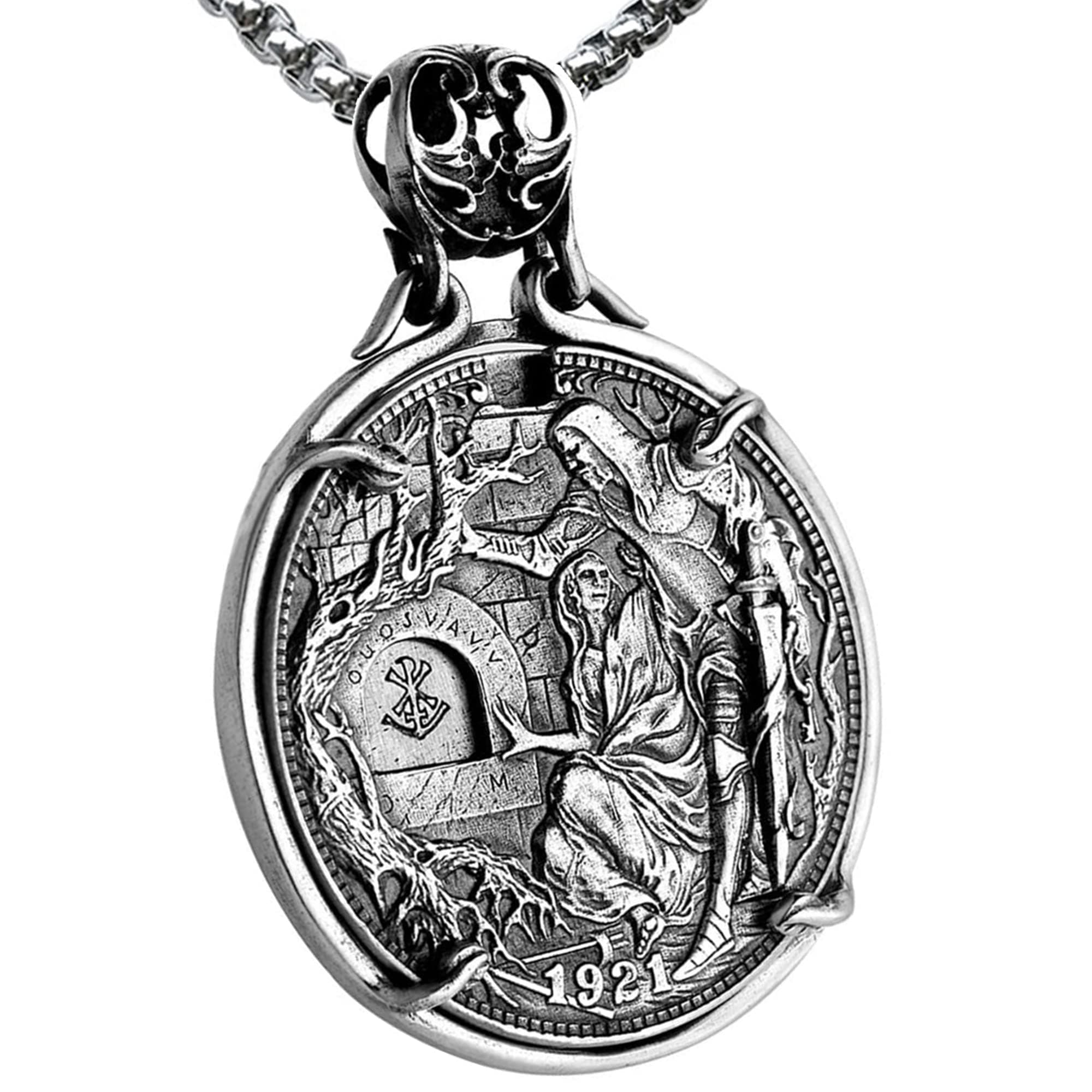 FVANOR Movable Mechanism Ornaments Pendant 1921 Morgan Hobo Coin Necklace Pendant Sweater Chain Pure Silver / Brass Skull Pendant