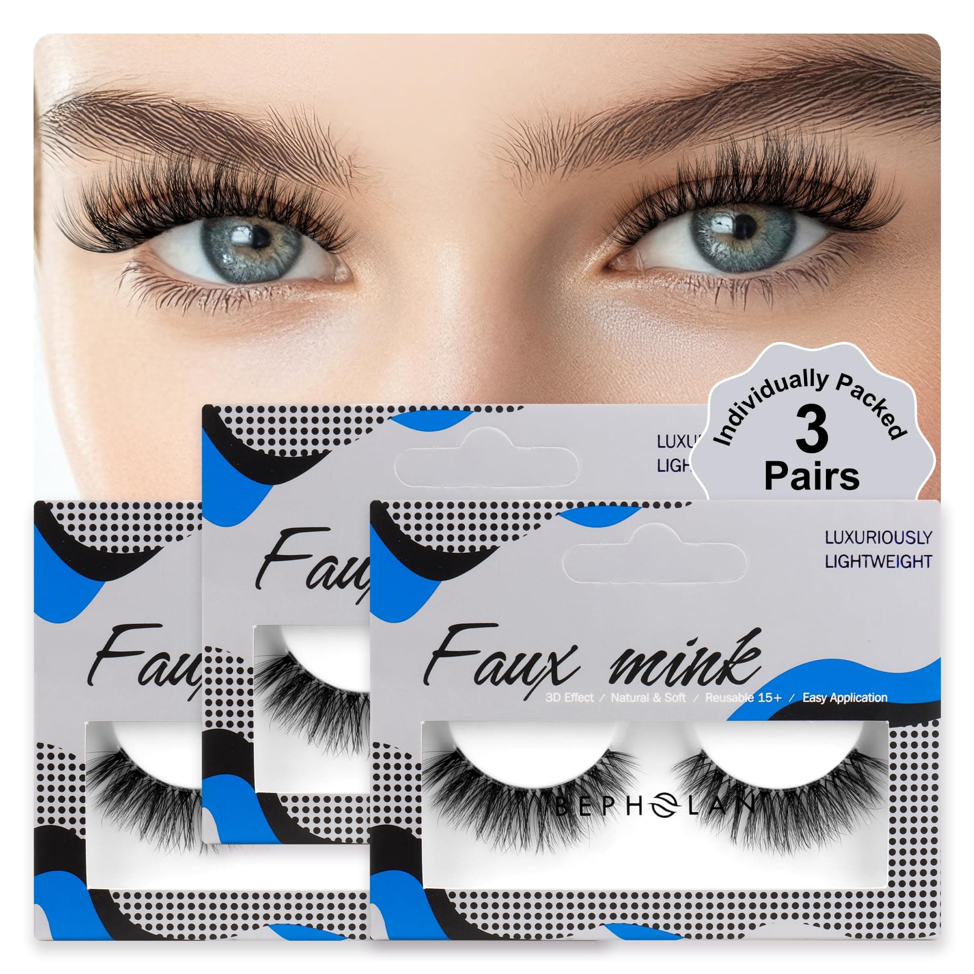 BEPHOLAN 3 Pairs False Eyelashes Synthetic Fiber Material| 3D Mink Lashes| Cat Eyes Look| Reusable| 100% Handmade & Cruelty-Free| XMZ91