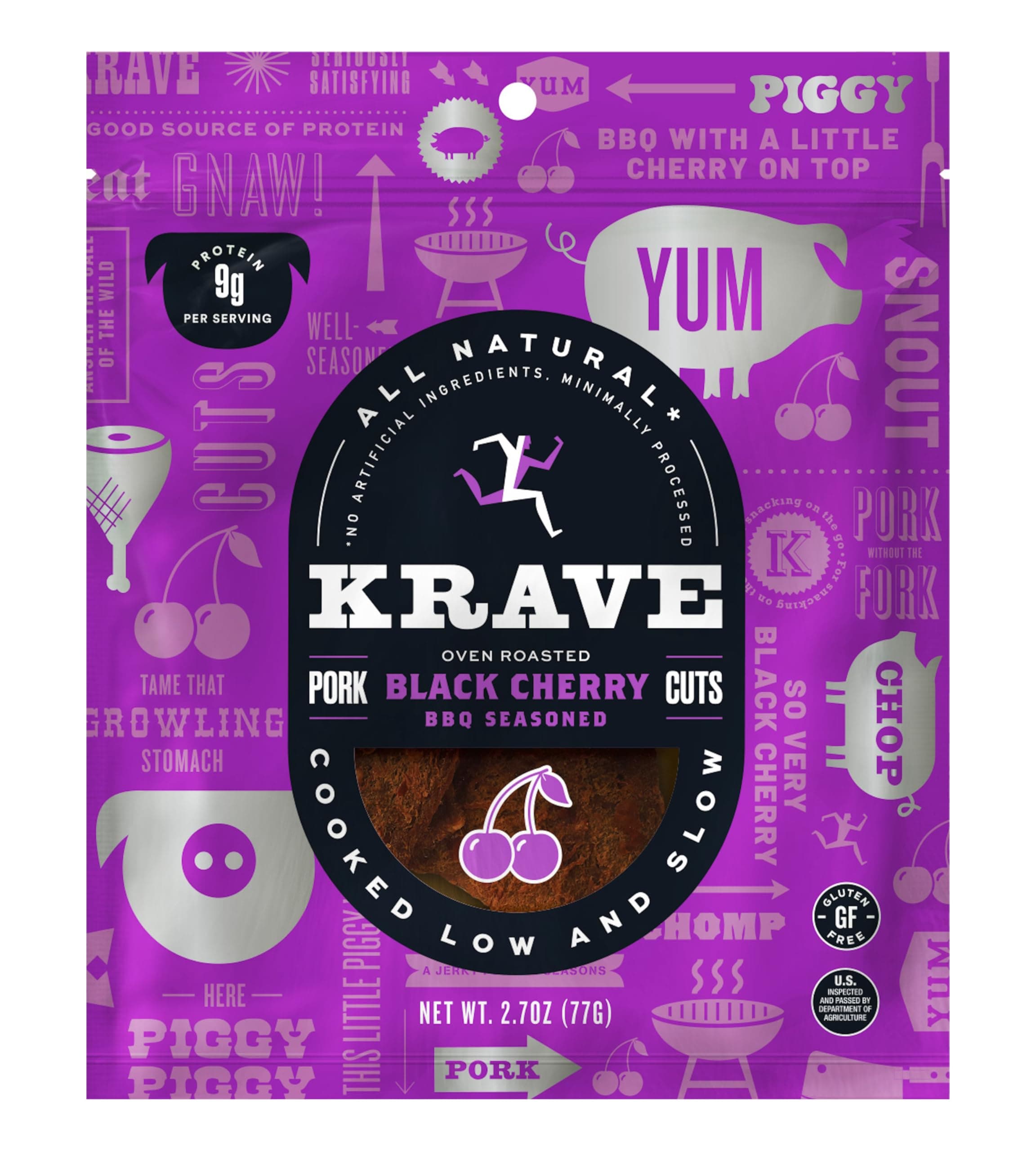 KRAVE All Natural Pork Jerky, Black Cherry BBQ - Protein Packed Snacks Roasted for Maximum Flavor - Premium Tender Meat Cuts - Gluten Free - 2.7 Ounce