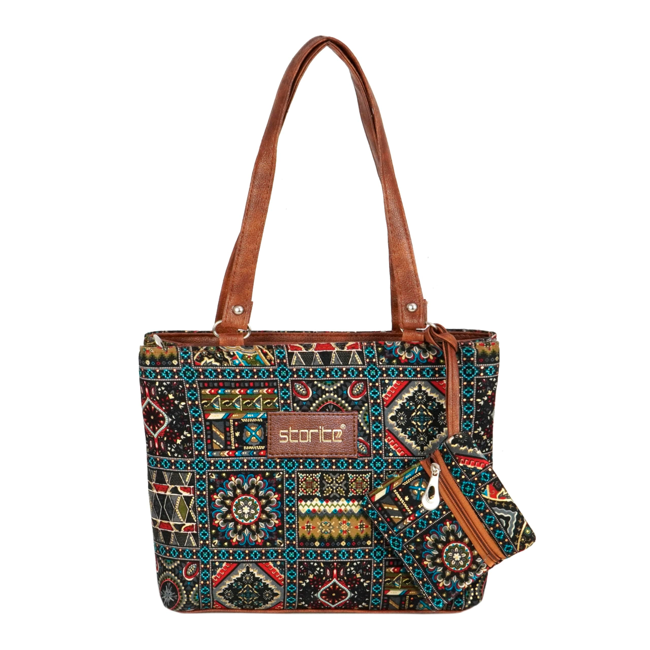 Women's Tote Bag With Leather Handles & Embroidery Printed Handbag With Zip Pockets, Shoulder Tote Bag And Handbag For Office And College
