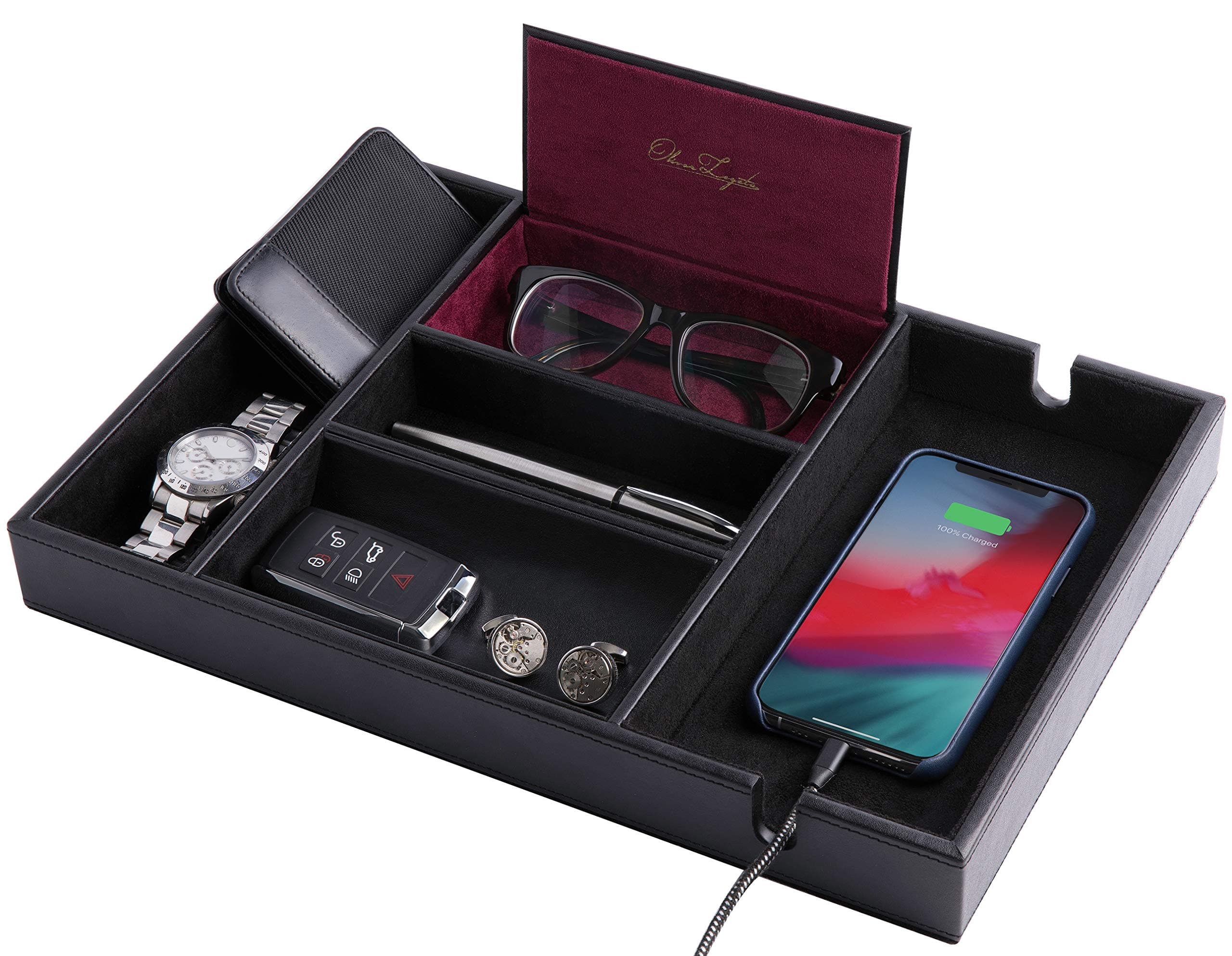 Oliver LegatoMen's Valet Tray, Black Faux Leather Rectangular Jewelry Tray with 1 Compartment, Watch Storage, Modern Design, Table Top, Latch Closure