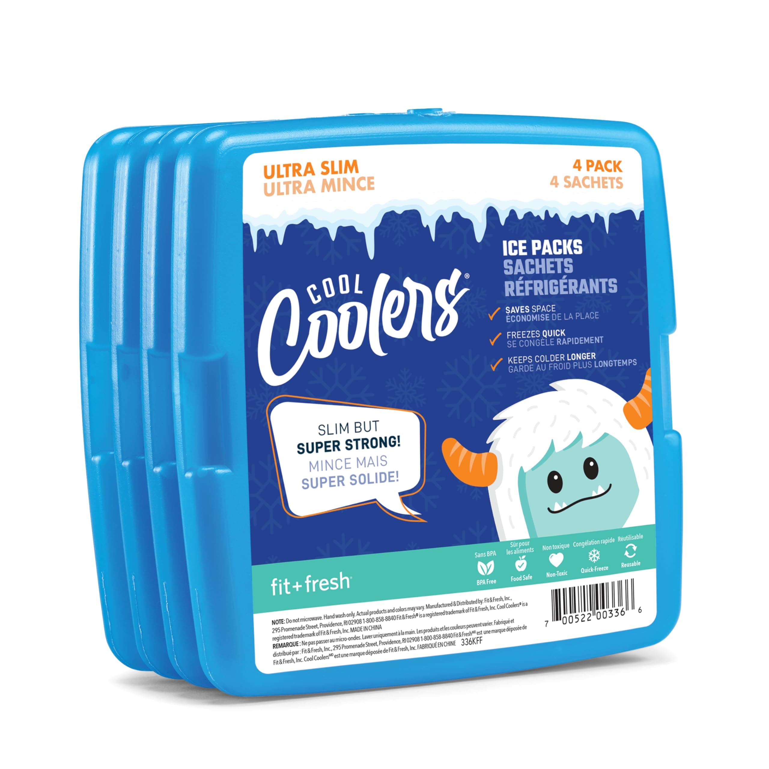 Cool Coolers Slim Reusable Ice Packs for Lunch Boxes, Lunch Bags and Coolers, Set of 4, Blue