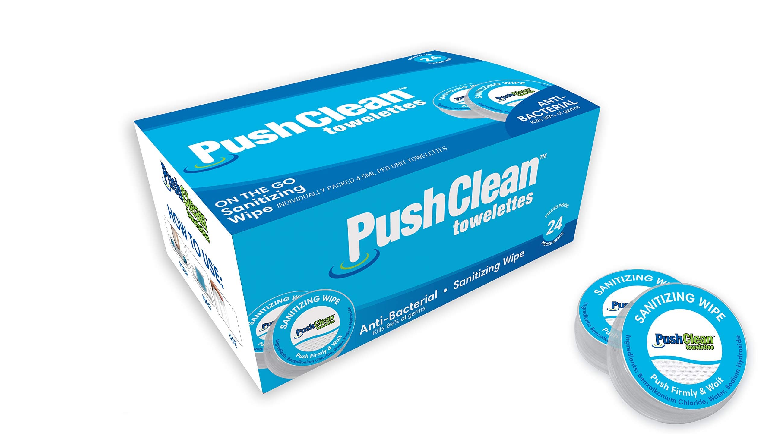 PushClean On the Go Sanitizing Hand Wipes 24 pack - Travel Size On the Go Wet Wipes, Purse Antibacterial wipes, Kills 99.99% of germs, Individually wrapped purse towelettes. Pocket size on the go.
